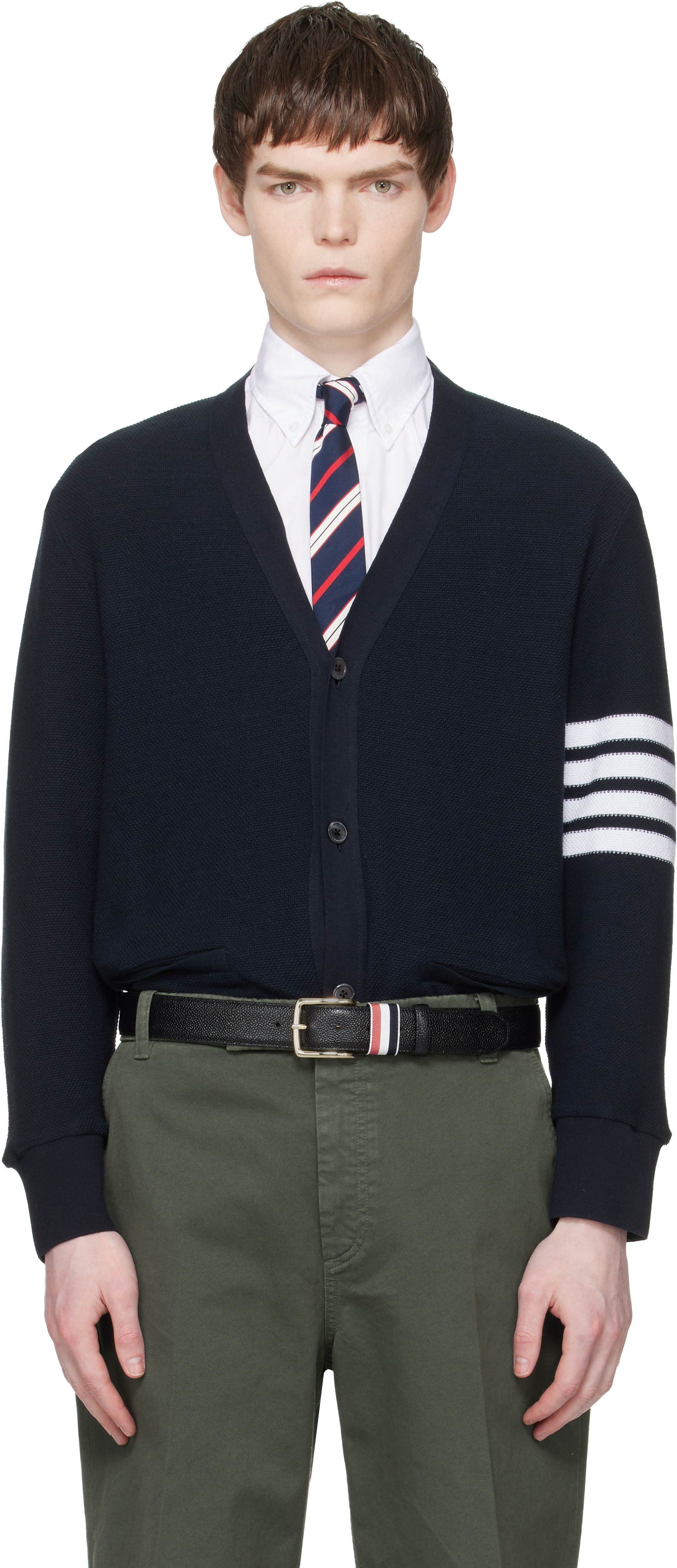 正規品本物THOM BROWNEネイビー size2新品タグ付き Thom Browne: ネイビー 4-Bar テクスチャード ピケ カーディガン