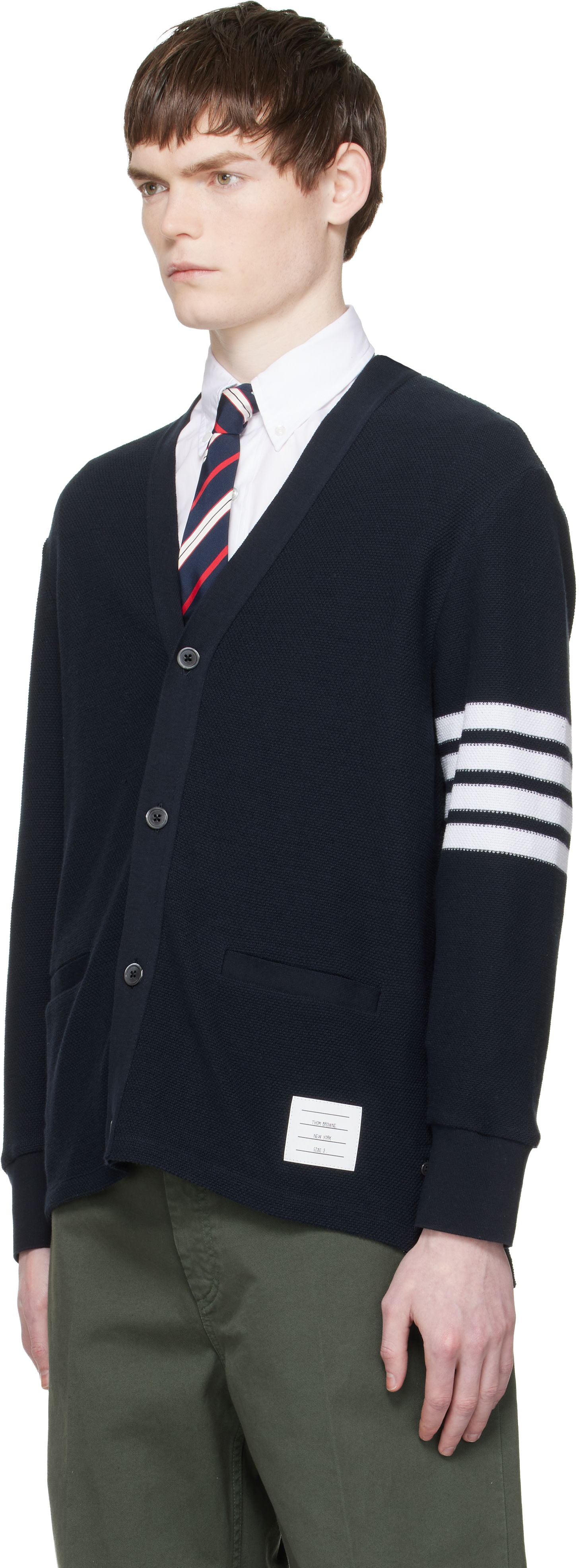 Thom Browne カーディガン Thom Browne: ネイビー 4-Bar テクスチャード ピケ カーディガン