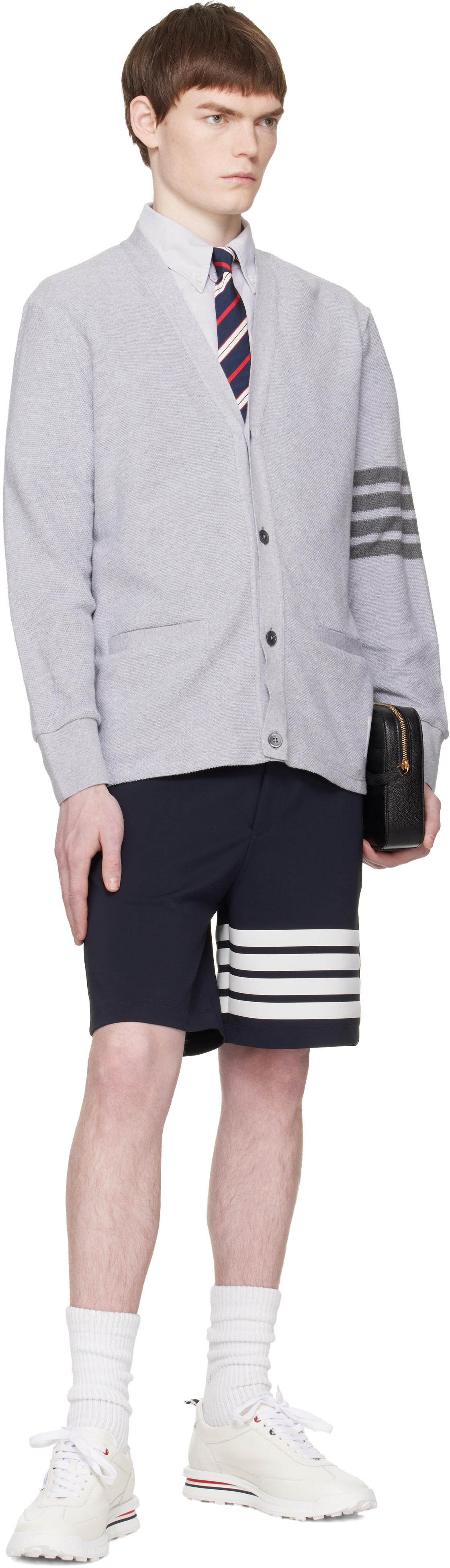 THOM BROWNE グレー カーディガン　サイズ4 Thom Browne: グレー 4-Bar テクスチャード ピケ カーディガン