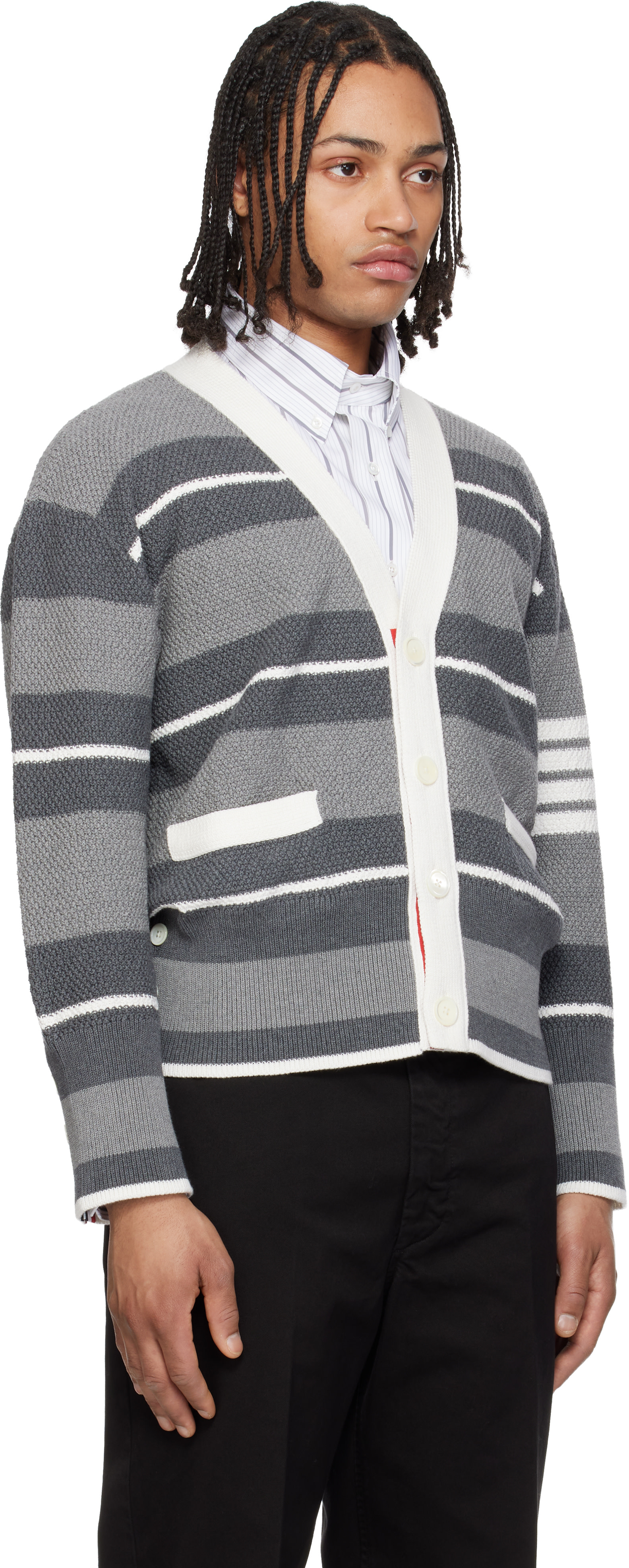 Thom Browne: Gray Classic Stripe Seed Stitch 4-Bar Cardigan | SSENSE