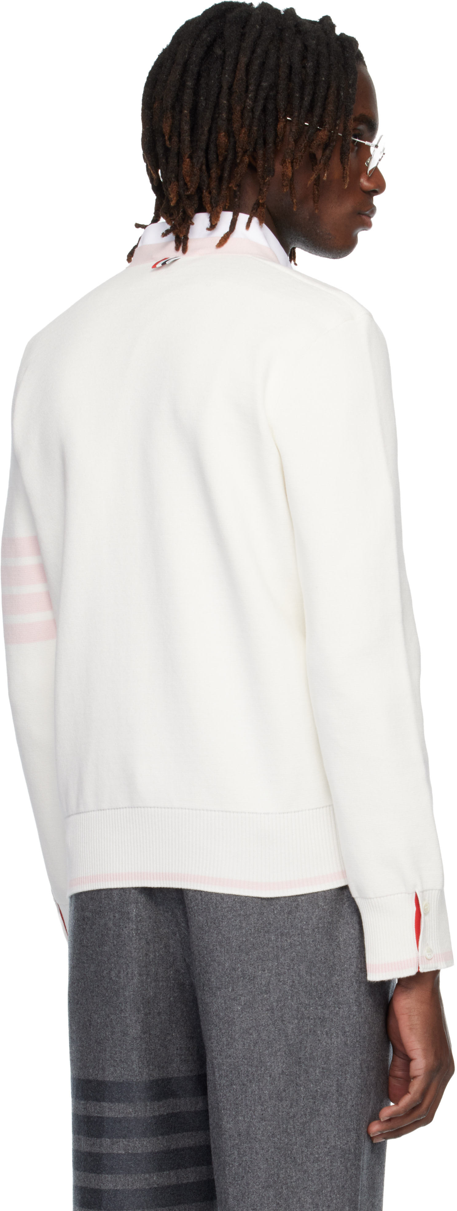 Thom Browne: ホワイト Cotton 4-Bar Milano Classic Vネック