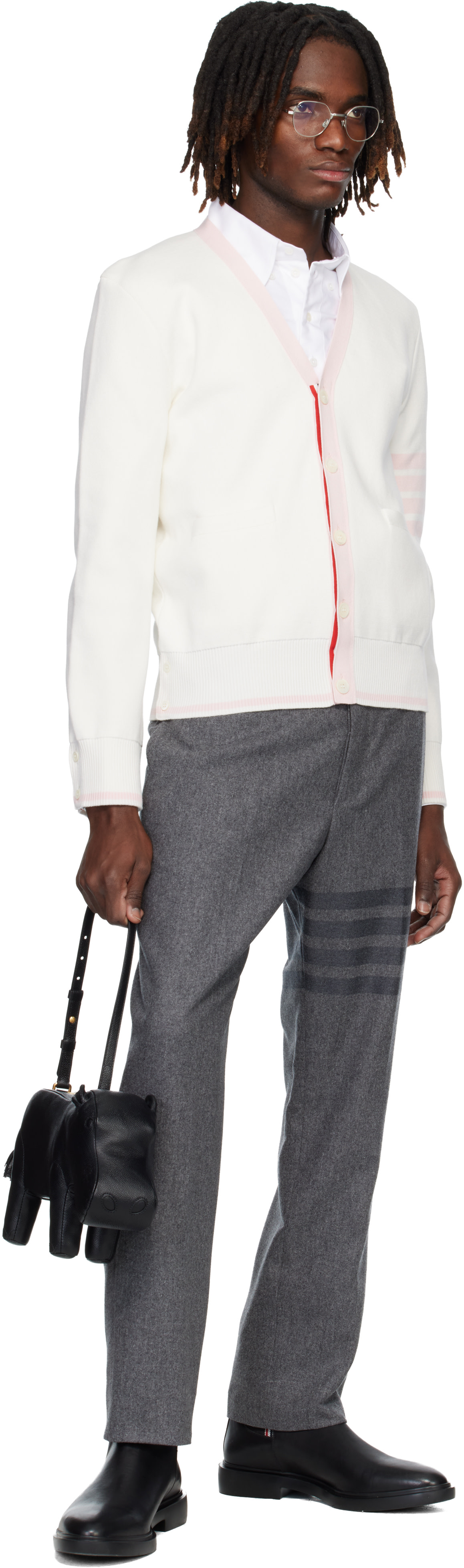 Thom Browne: ホワイト Cotton 4-Bar Milano Classic Vネック