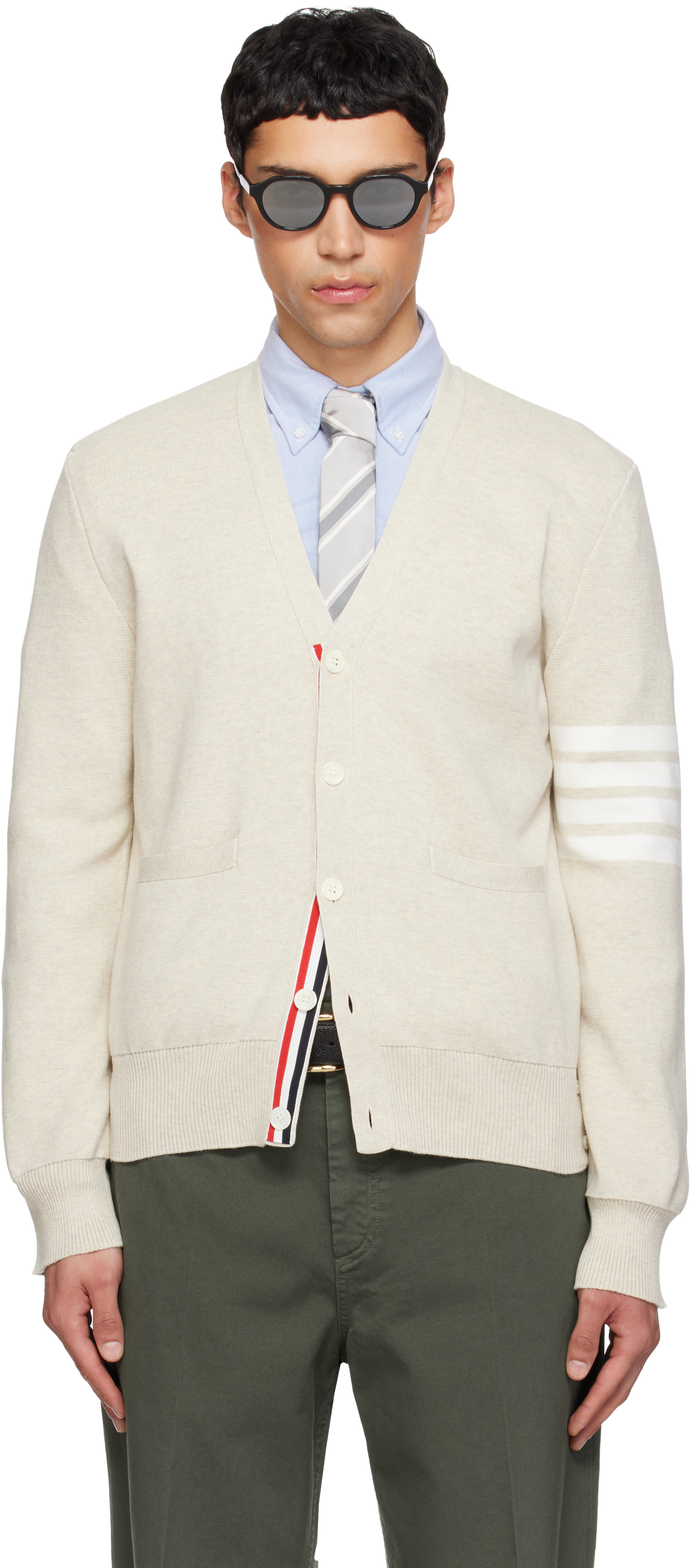 Thom Browne: Beige Cotton Crepe 4-Bar Milano Stitch Cardigan | SSENSE