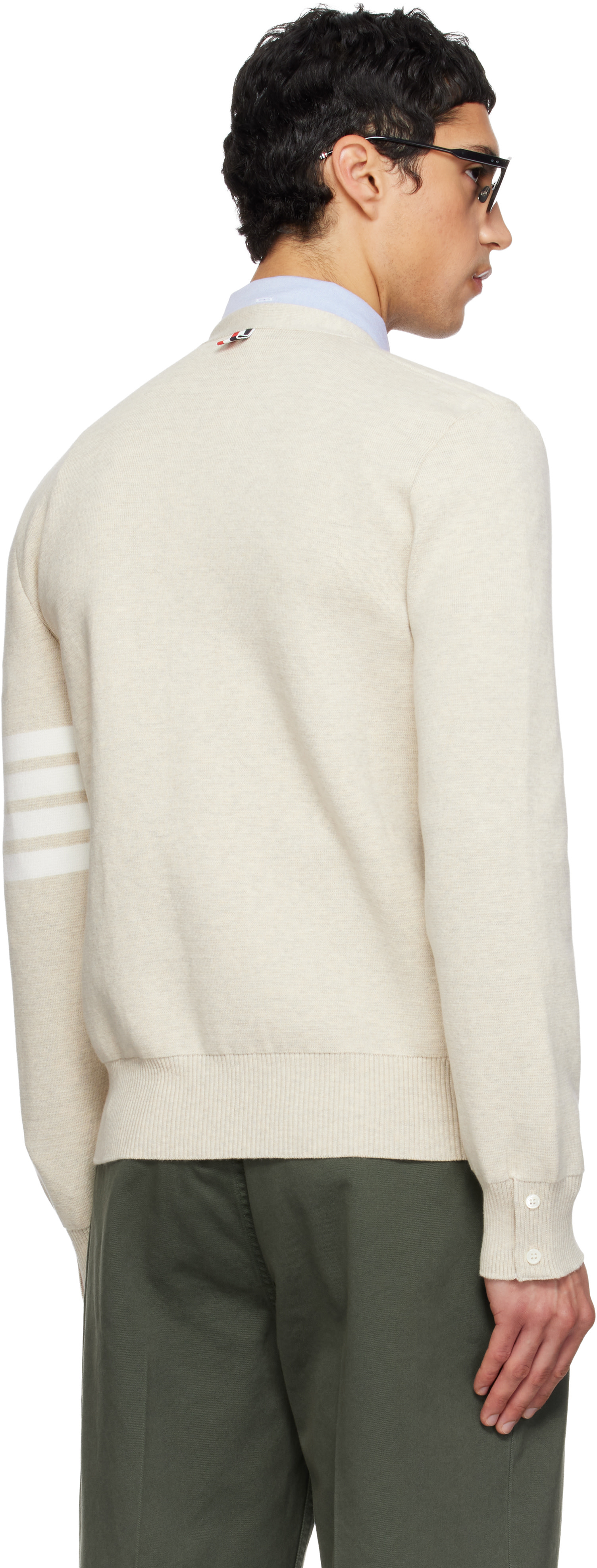 Thom Browne: Beige Cotton Crepe 4-Bar Milano Stitch Cardigan | SSENSE