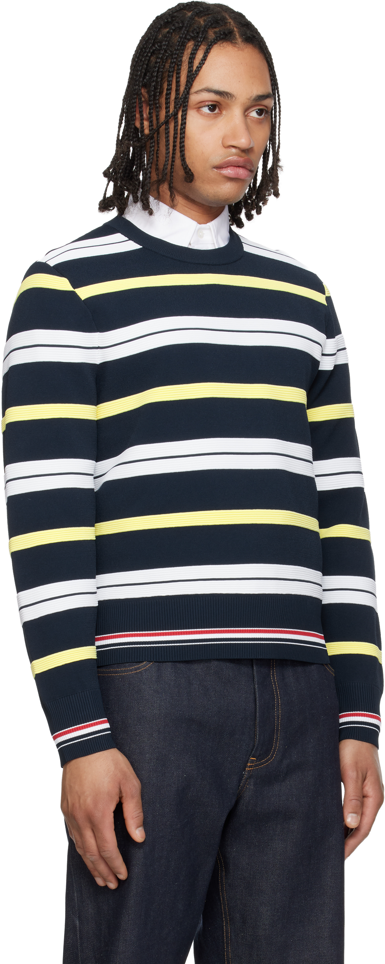 Thom Browne - Pull bleu marine à rayures et à col ras du cou