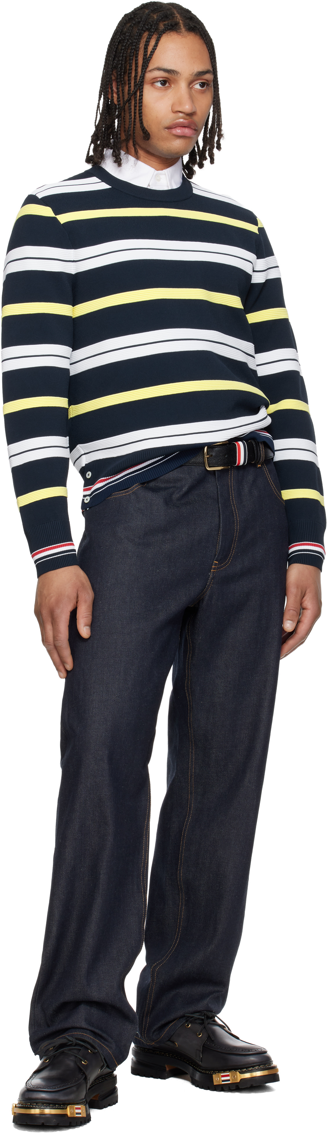 Thom Browne: Navy Variegated Rep Stripe Ottoman Stitch Crew Neck