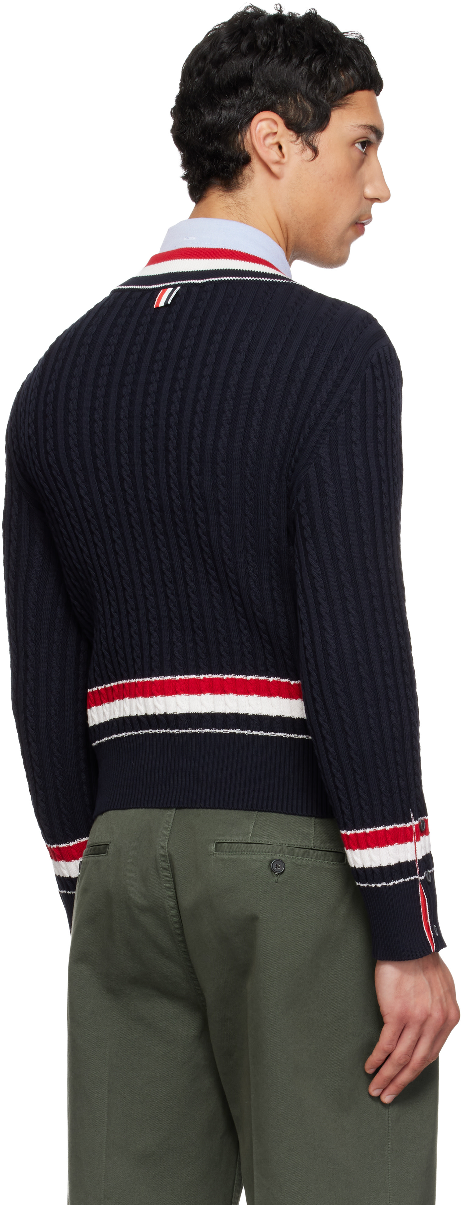 Thom Browne - ネイビー ケーブル Vネックセーター