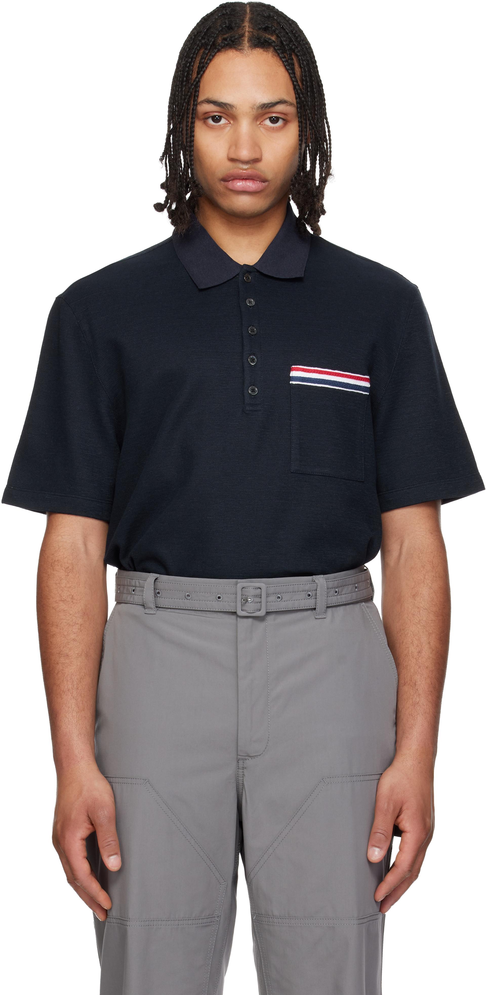 Thom Browne: ネイビー Short Sleeve Pocket Polo RWB Embroidery