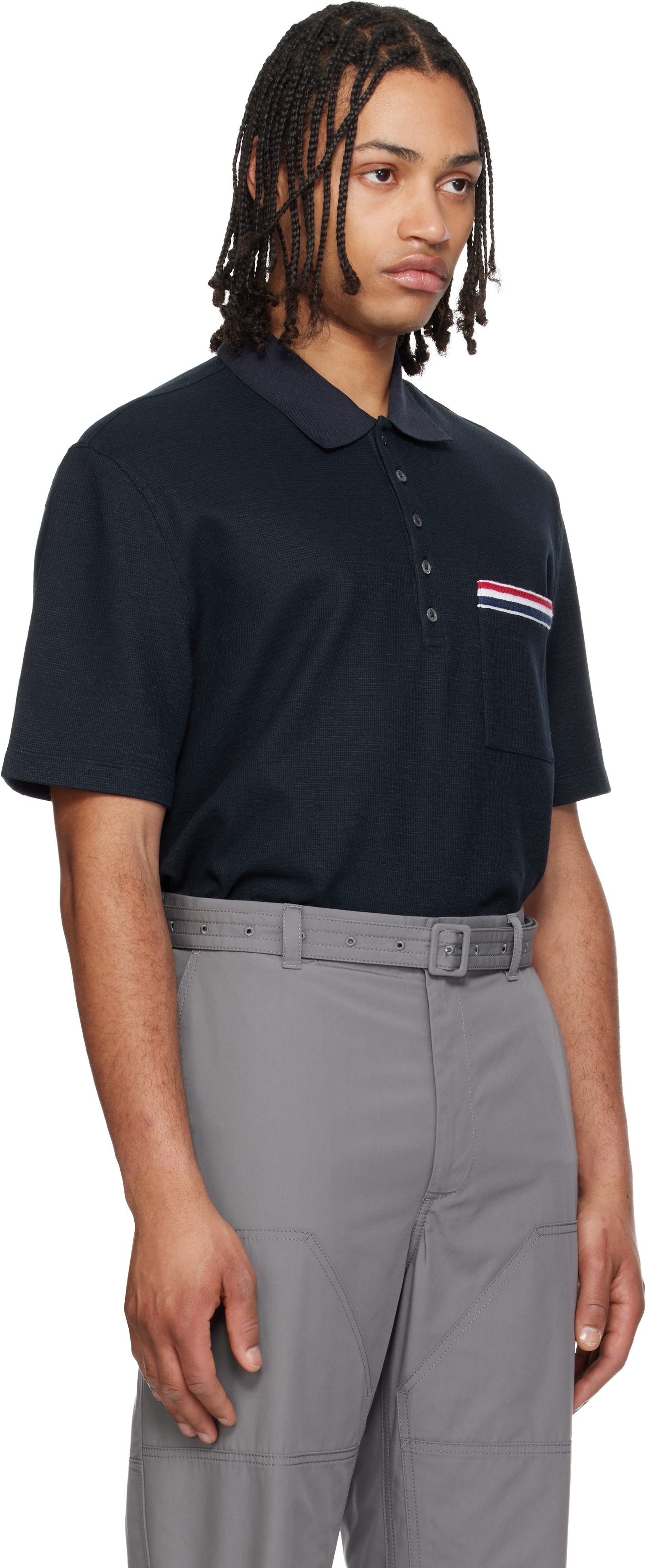 Thom Browne: ネイビー Short Sleeve Pocket Polo RWB Embroidery