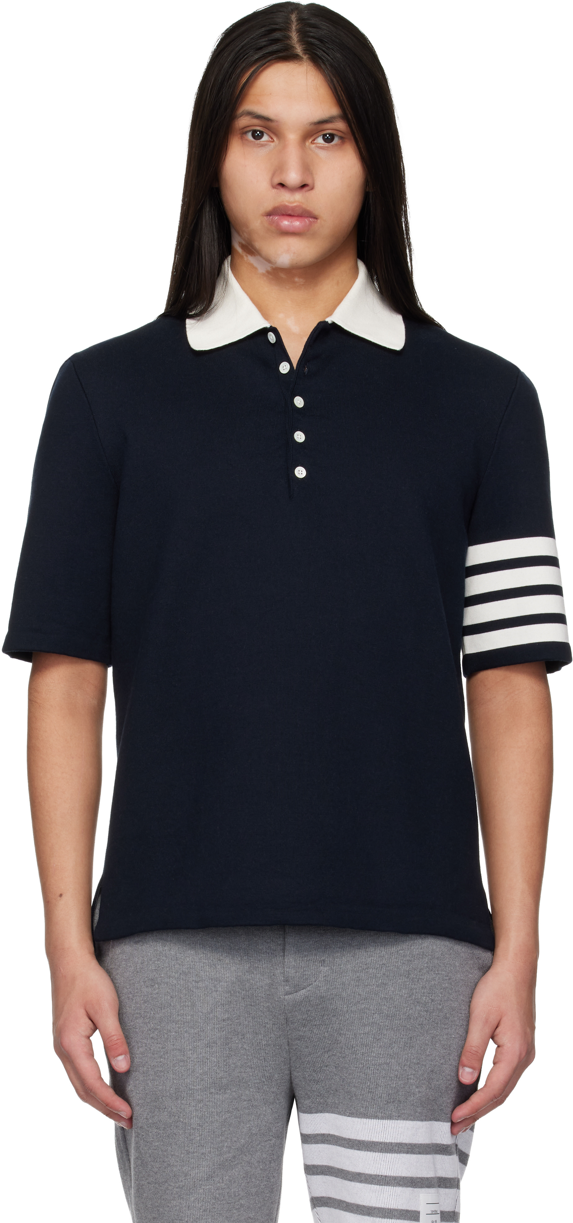 Thom Browne: ネイビー Crest Intarsia Jacquard 4-Bar Rugby Fit