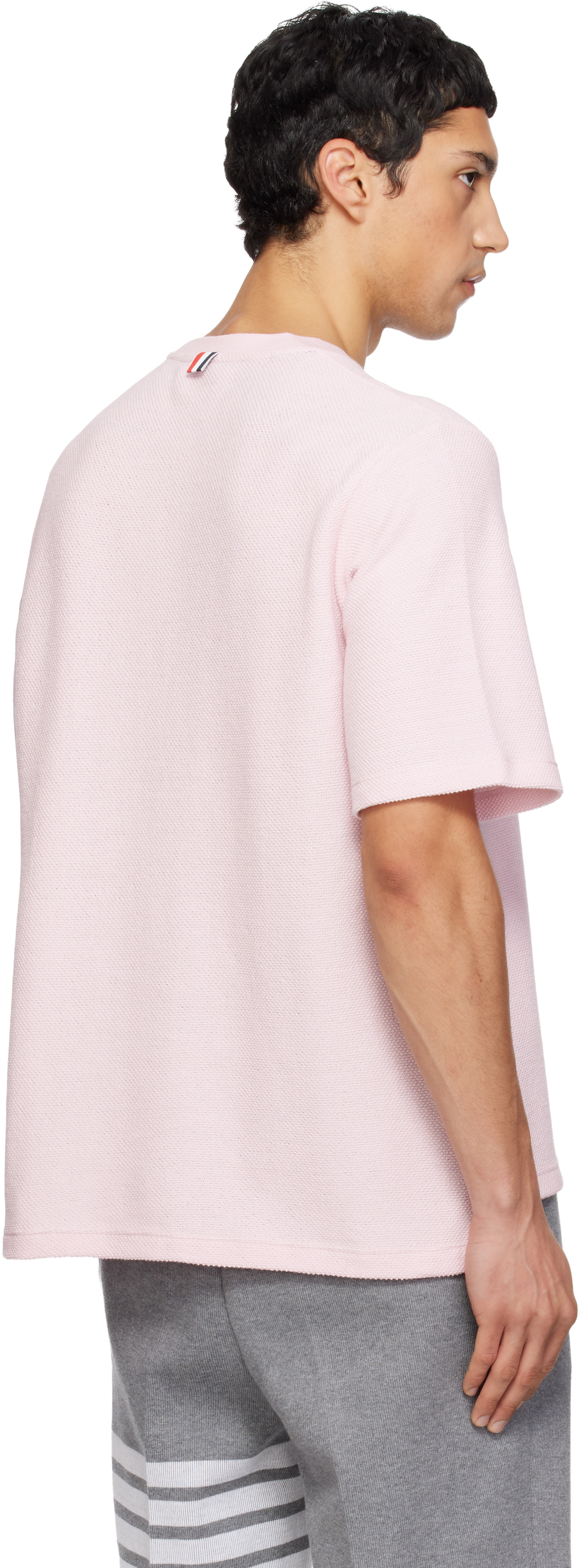 Thom Browne: Pink Textured Pique 4-Bar T-shirt | SSENSE