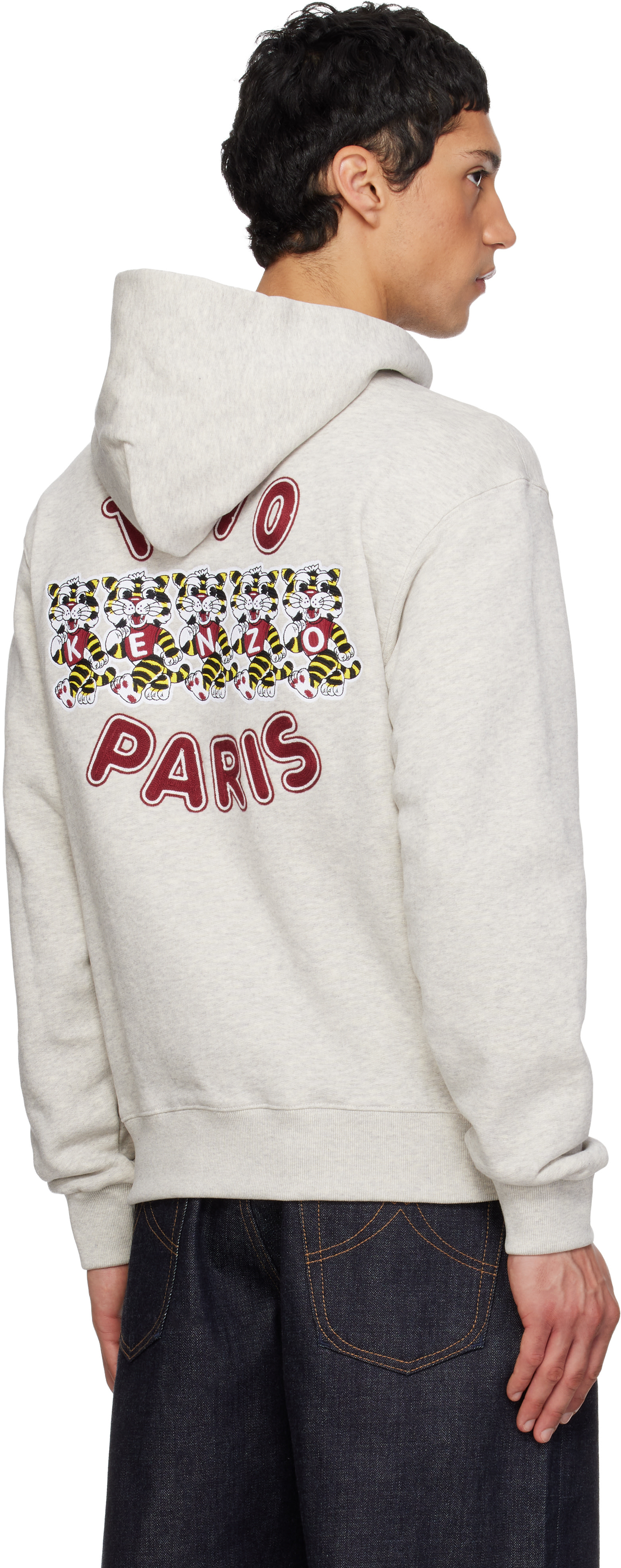 Kenzo - Pull à capuche gris à broderies Wild Tiger