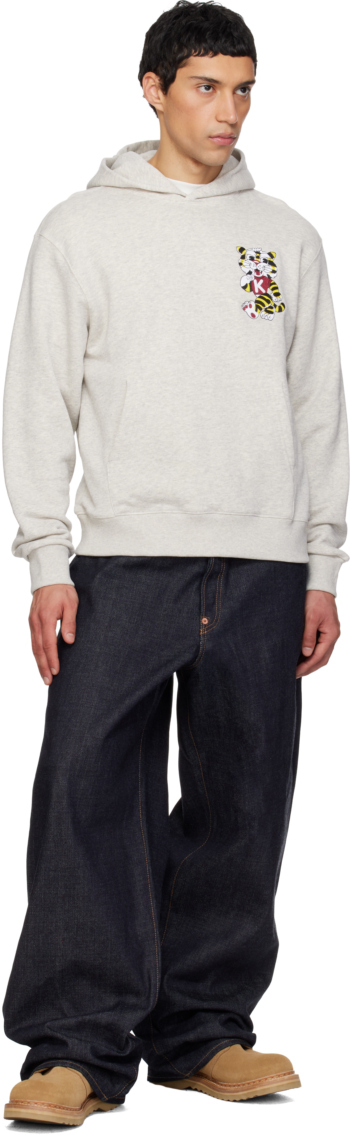 Kenzo - Pull à capuche gris à broderies Wild Tiger