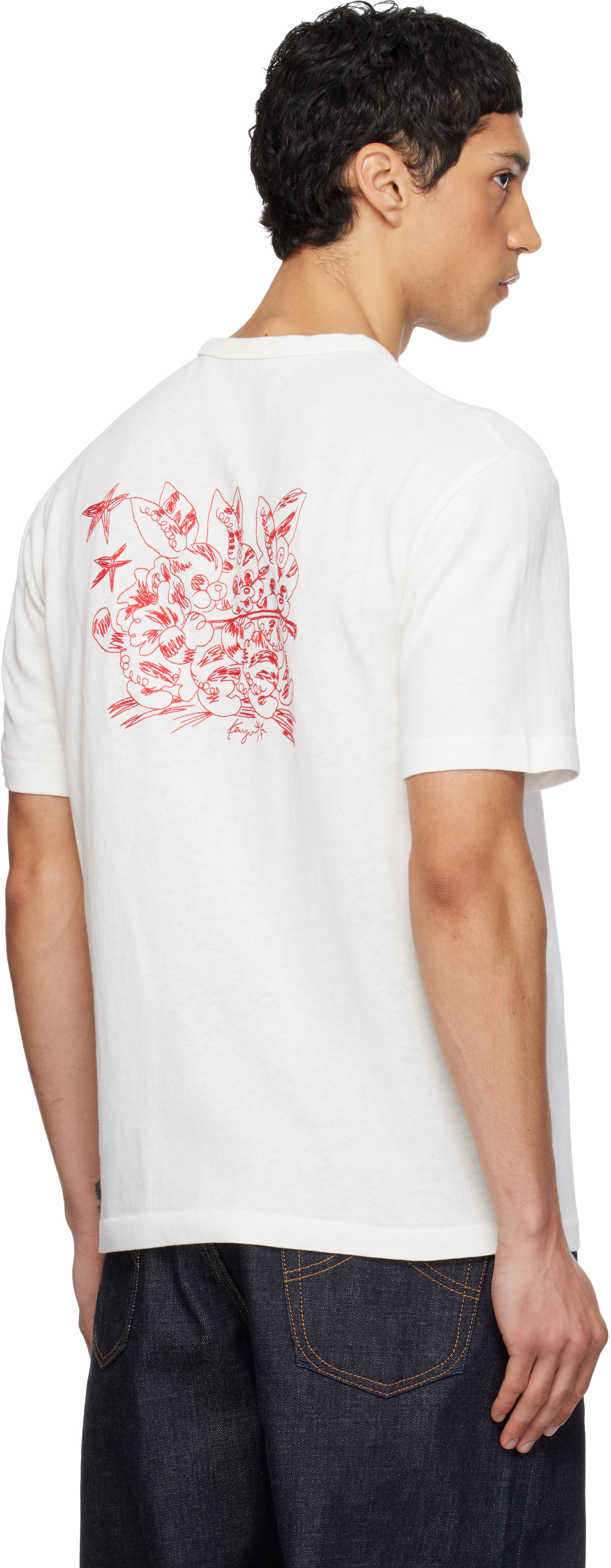 KENZO PARIS Tシャツ ホワイト S 刺繍 Kenzo: White Kenzo Paris 'KENZO Cartoon' Embroidered Outlined T