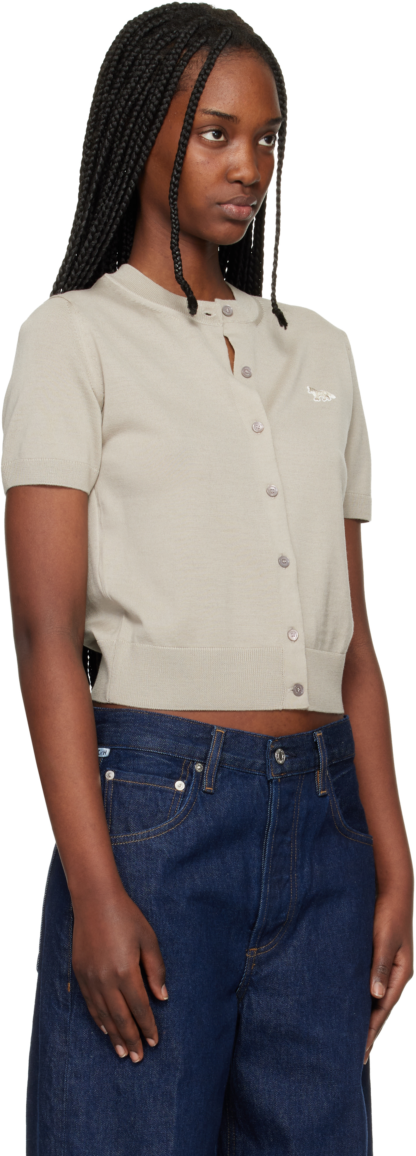 Maison Kitsuné: Taupe Baby Fox Fine Merino Short Sleeve Cardigan