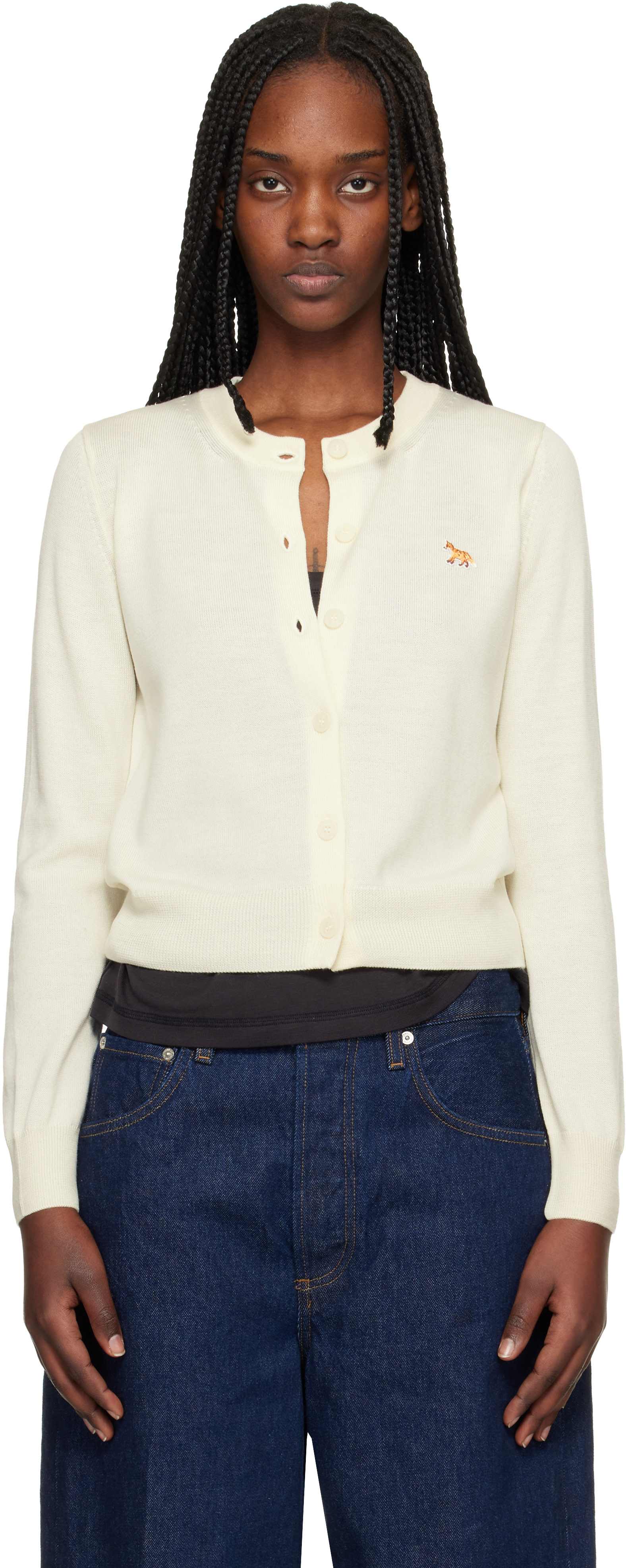 Maison Kitsuné: Off-White Baby Fox Merino Regular Cardigan | SSENSE