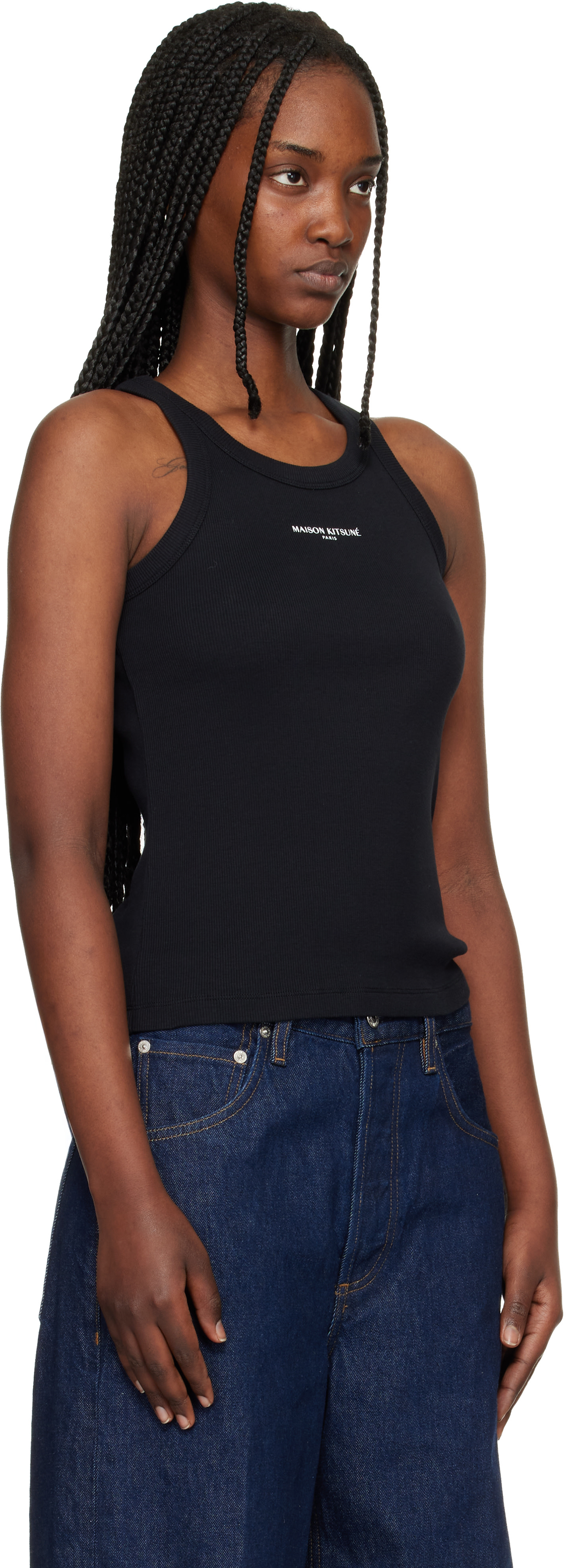 新品未使用★MAISON KITSUNÉ ストライプ タンクトップ XS Maison Kitsuné: Black 'Maison Kitsuné Paris' Ribbed Tank Top | SSENSE