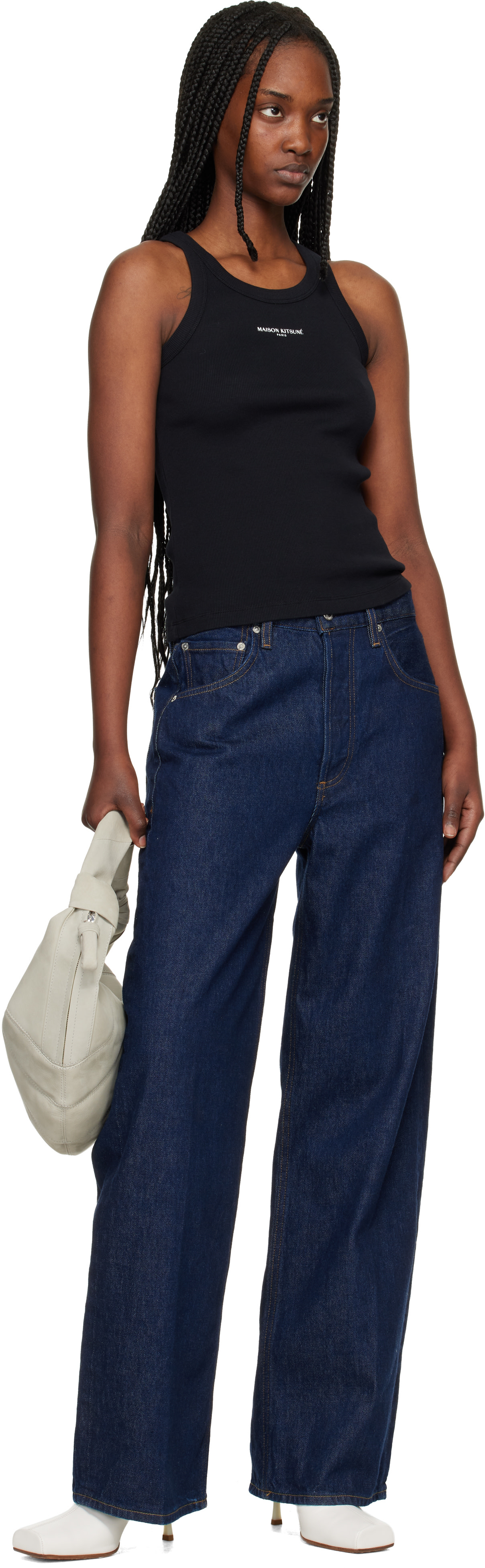 Maison Kitsuné: Black 'Maison Kitsuné Paris' Ribbed Tank Top | SSENSE