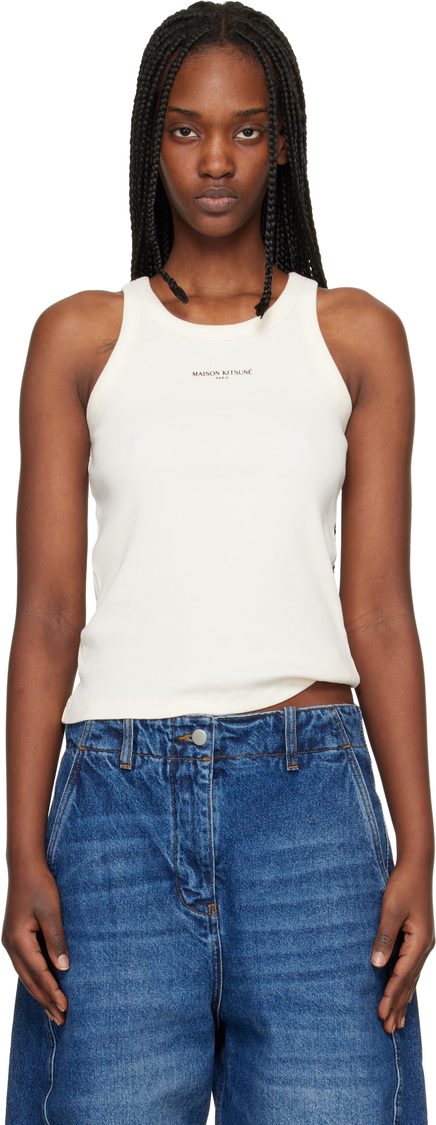Maison Kitsuné: Beige 'Maison Kitsuné Paris' Ribbed Tank Top | SSENSE
