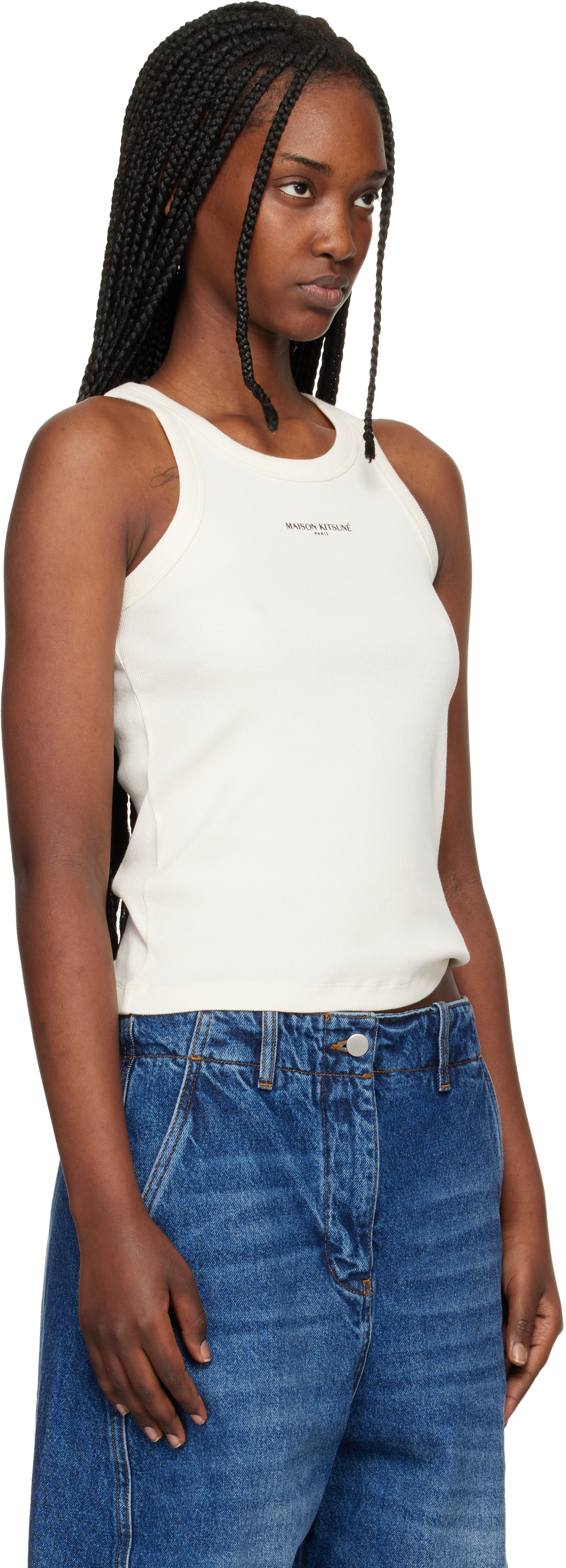 新品正規品MAISON KITSUNÉ ベージュ タンクトップ XS Maison Kitsuné: Beige 'Maison Kitsuné Paris' Ribbed Tank Top | SSENSE