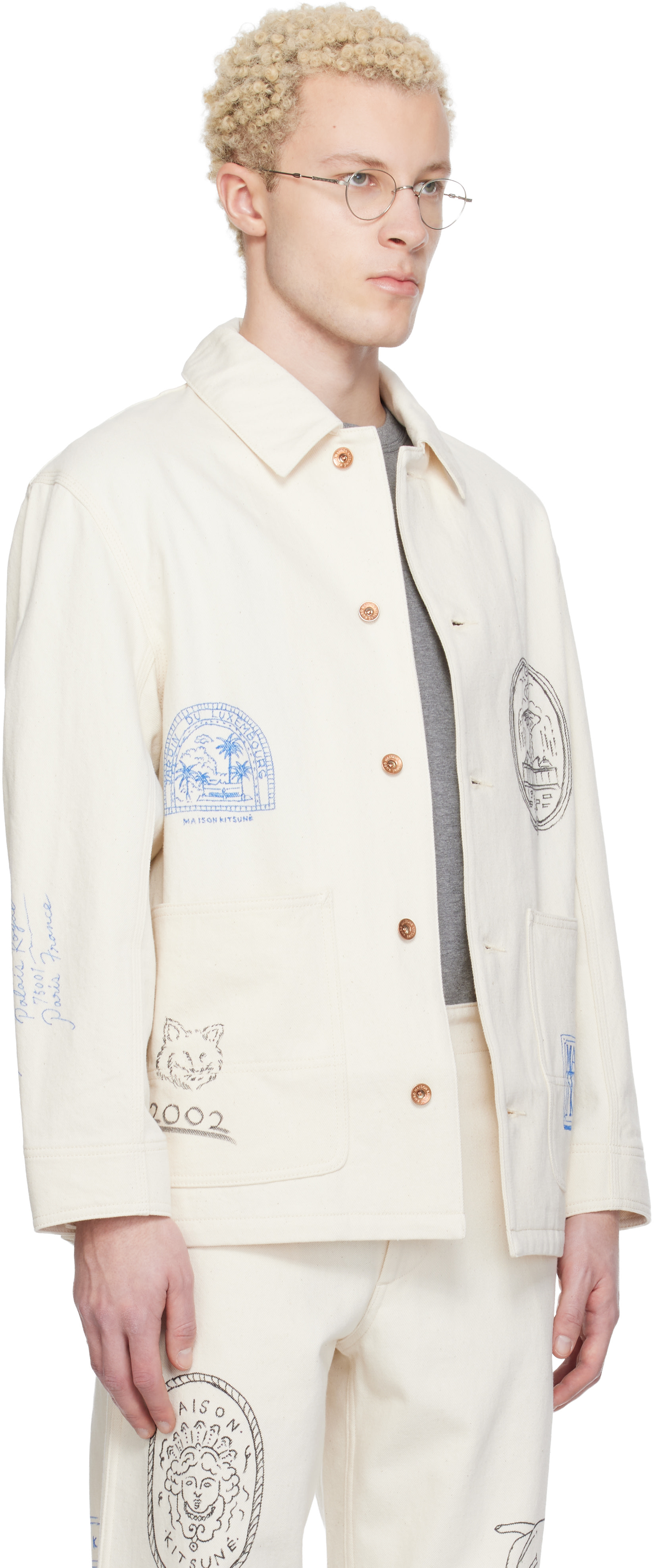 Maison Kitsuné - 오프 화이트 KURO 핸드리튼 포스트카드 데님 워크 재킷