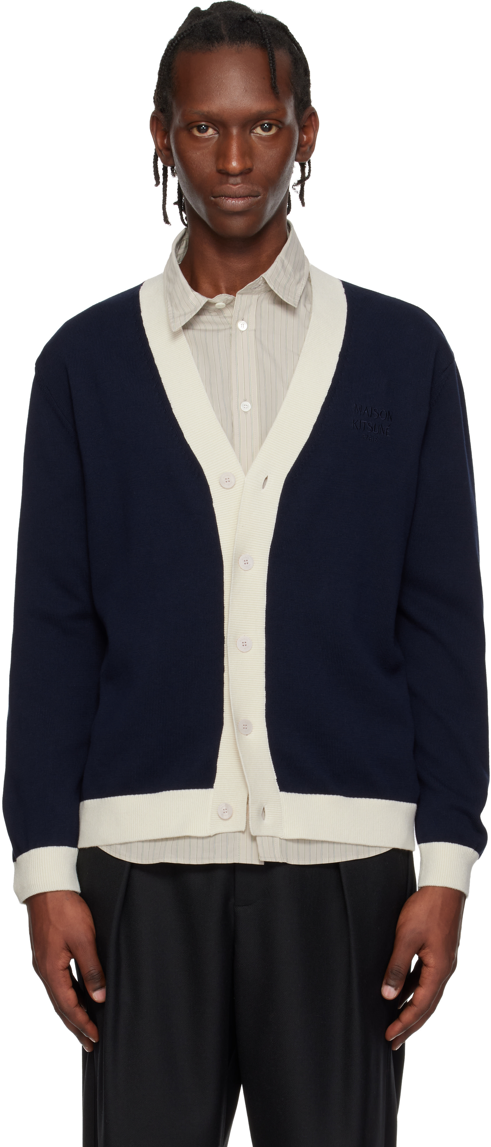 MAISON KITSUNÉ ネイビー カーディガン S Maison Kitsuné: Navy Contrasted Cotton Comfort Cardigan | SSENSE