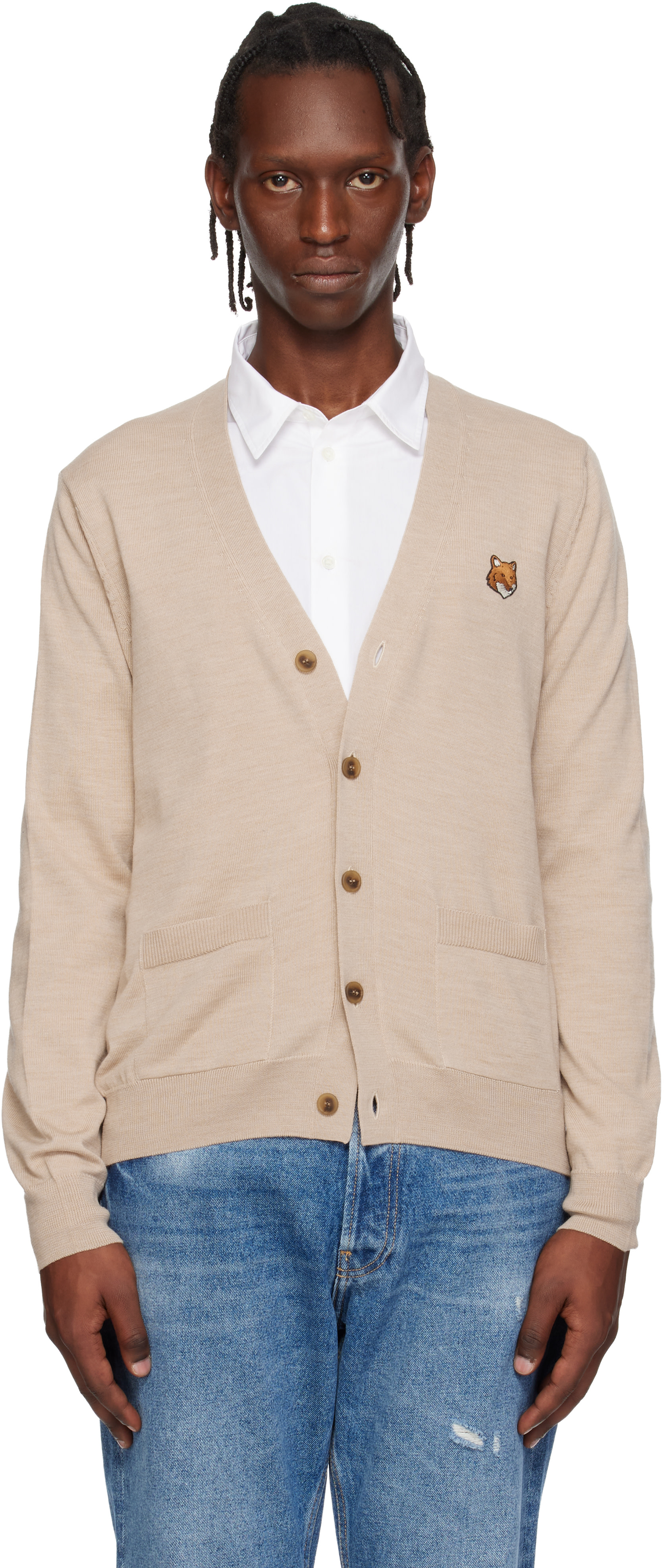 Maison Kitsuné: Beige Fox Head Merino Regular Cardigan | SSENSE