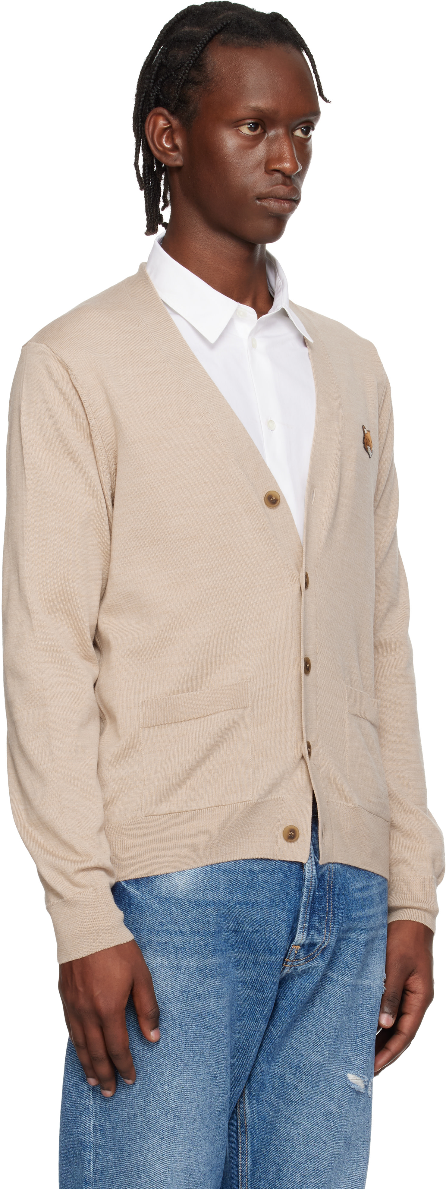 Maison Kitsuné: Beige Fox Head Merino Regular Cardigan | SSENSE