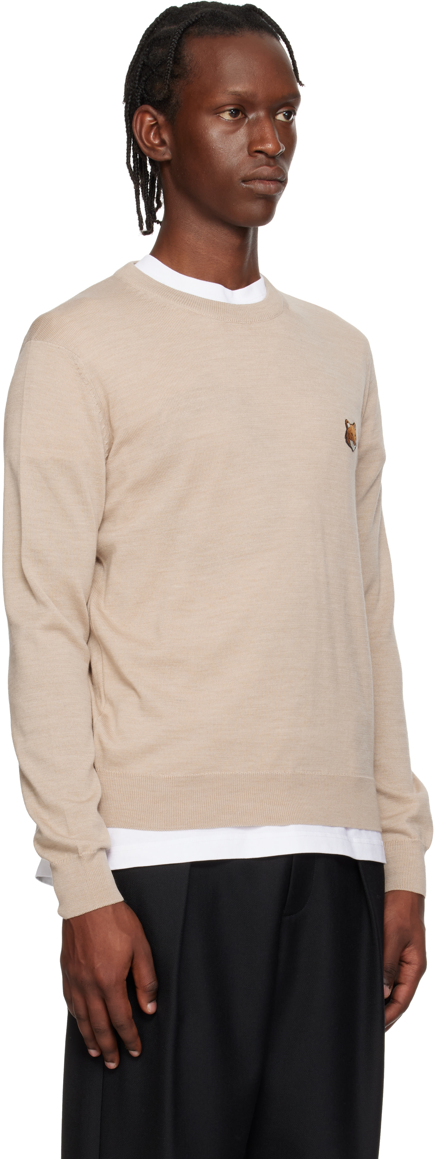 Maison Kitsuné: Beige Fox Head Merino Regular Sweater | SSENSE Canada