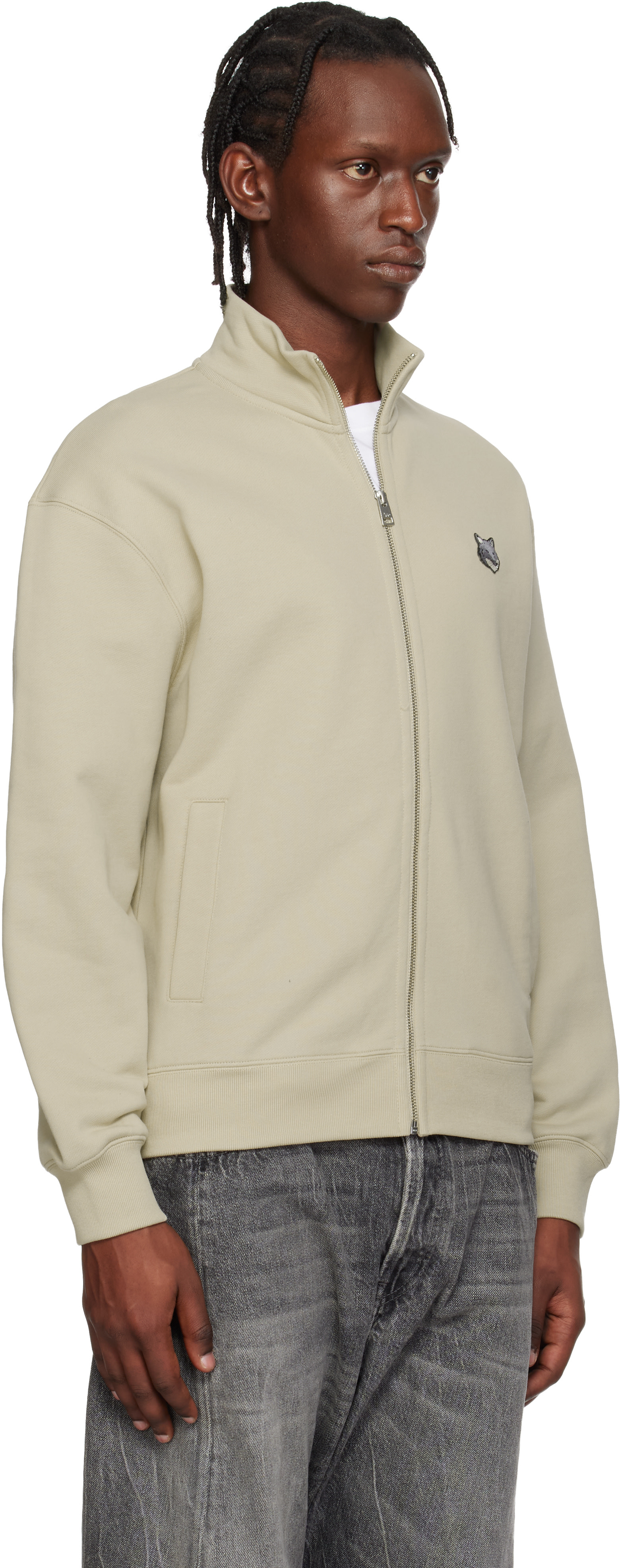 MAISON KITSUNE フォックスヘッド ベージュ 長袖シャツ 36 Maison Kitsuné: Beige Fox Head Zipped Comfort Sweatshirt | SSENSE
