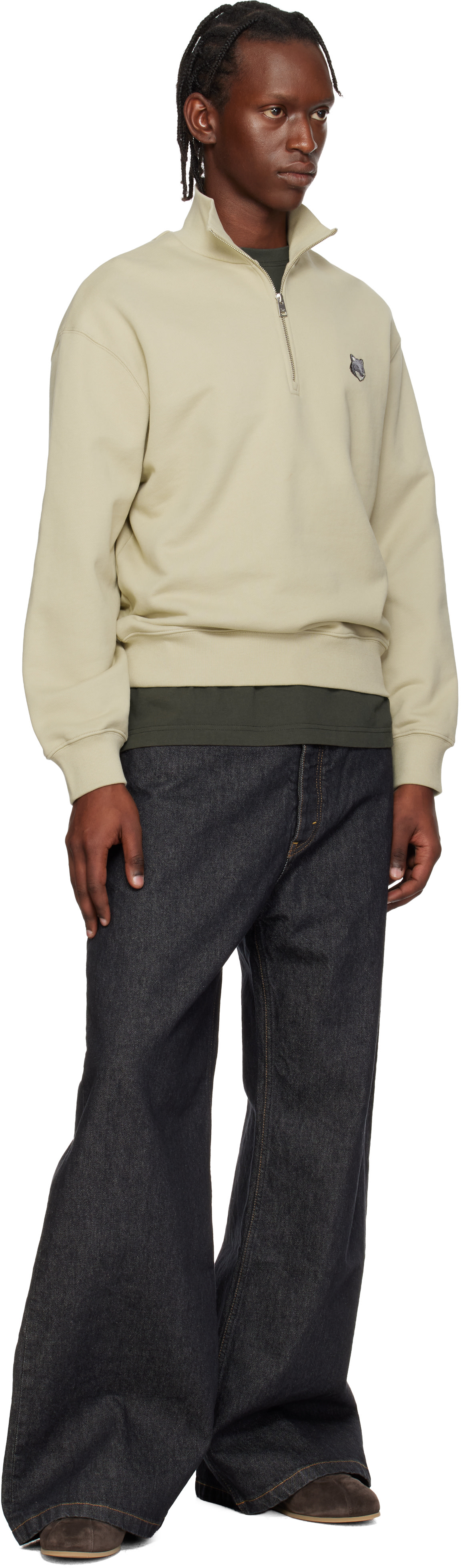 Maison Kitsuné: Beige Fox Head Comfort Half Zip Sweatshirt | SSENSE