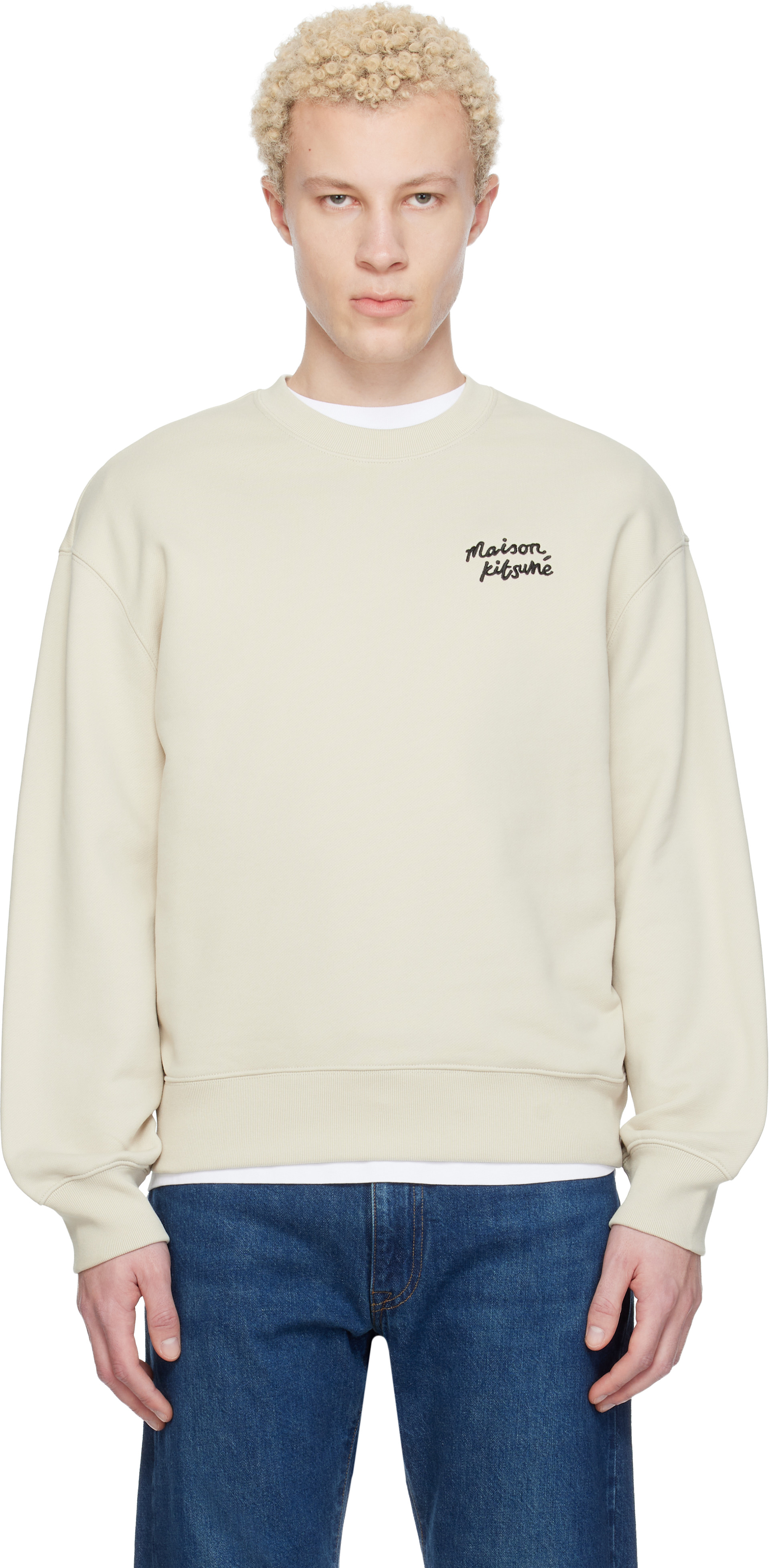 Maison Kitsuné - Pull molletonné décontracté beige à logo calligraphié