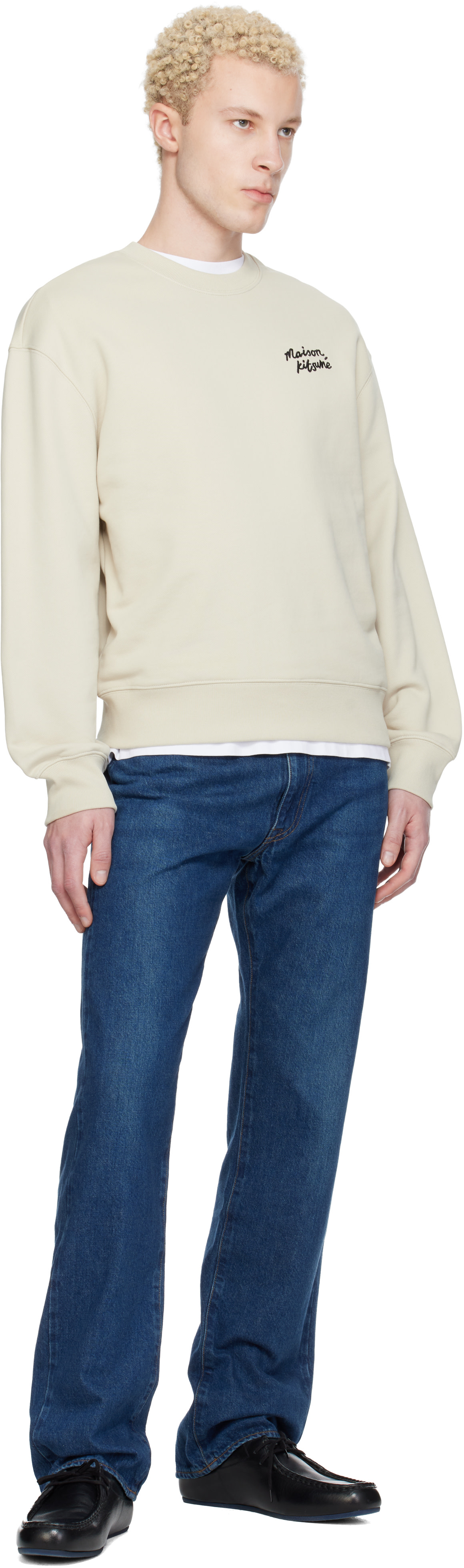 Maison Kitsuné - Pull molletonné décontracté beige à logo calligraphié