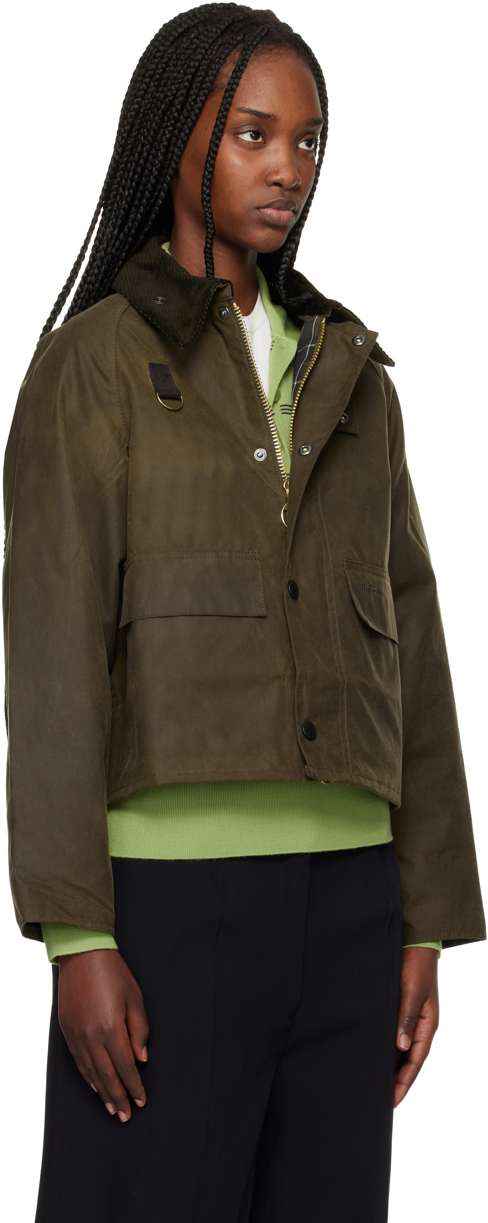 Barbour: Khaki Spey Slim Waxed Jacket | SSENSE Canada