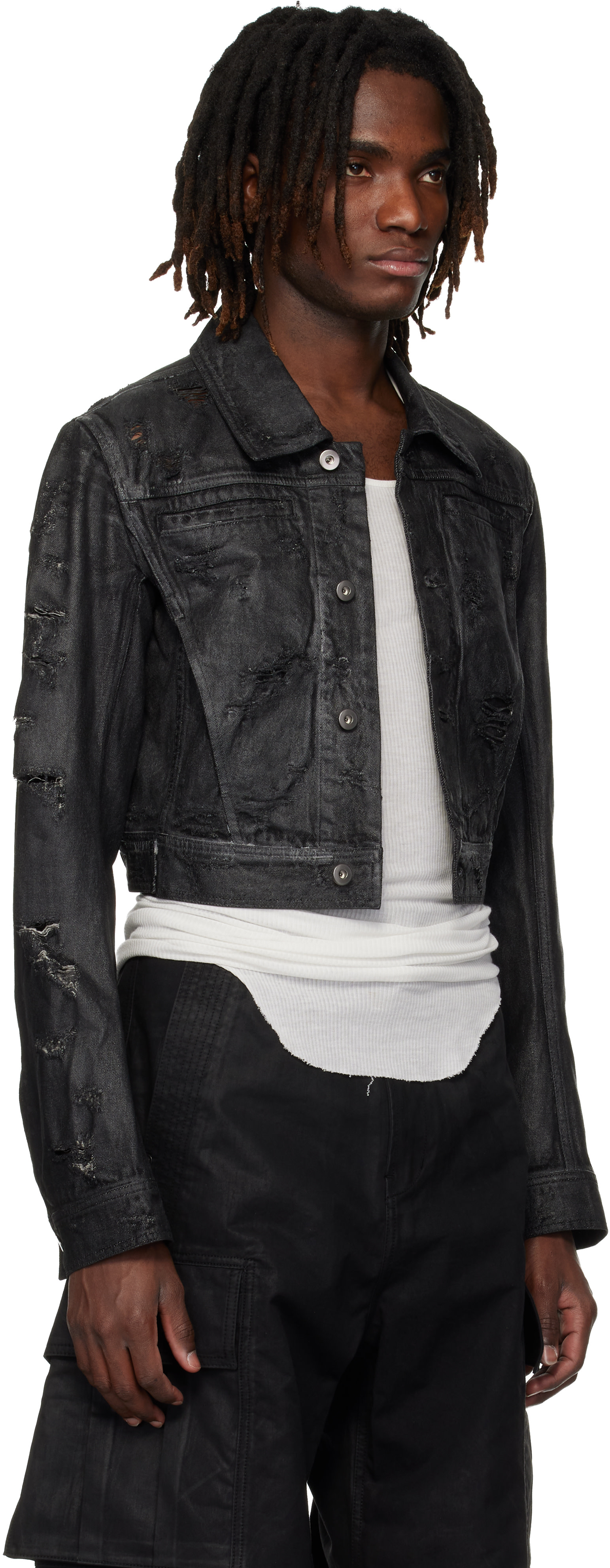 DET BLEV SENT: ブラック Waxed Cropped Bayard デニムジャケット