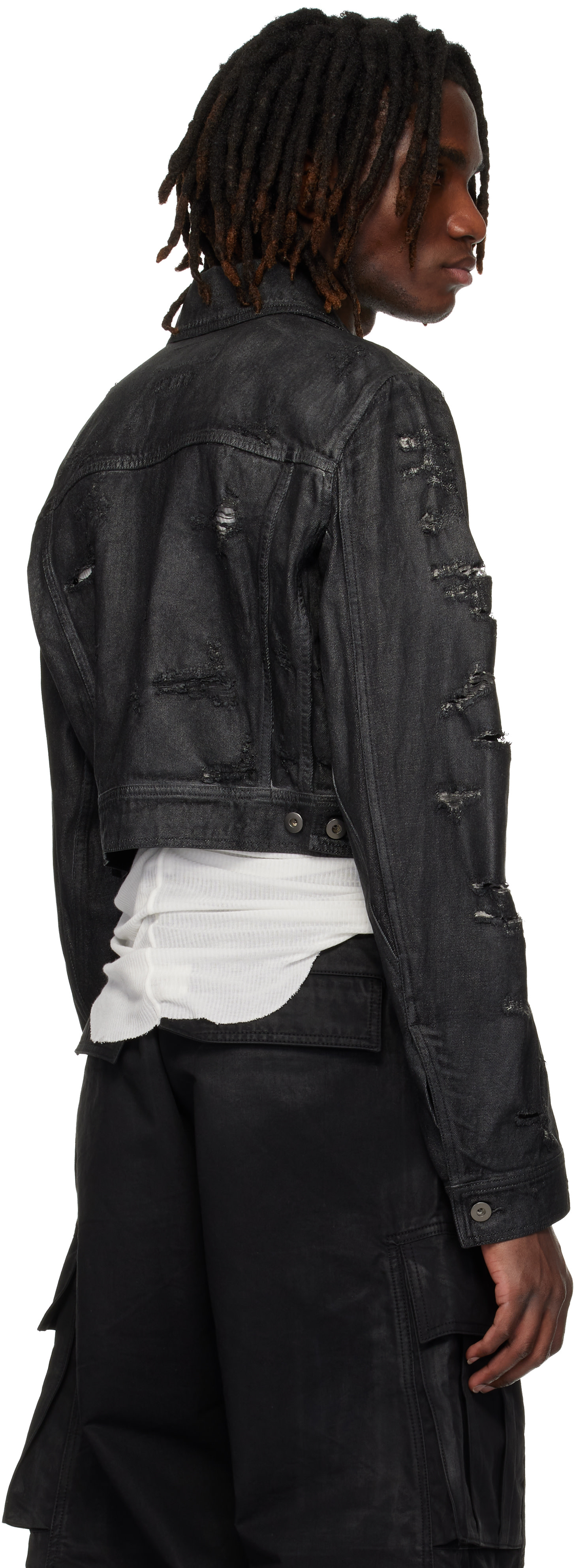 DET BLEV SENT: ブラック Waxed Cropped Bayard デニムジャケット