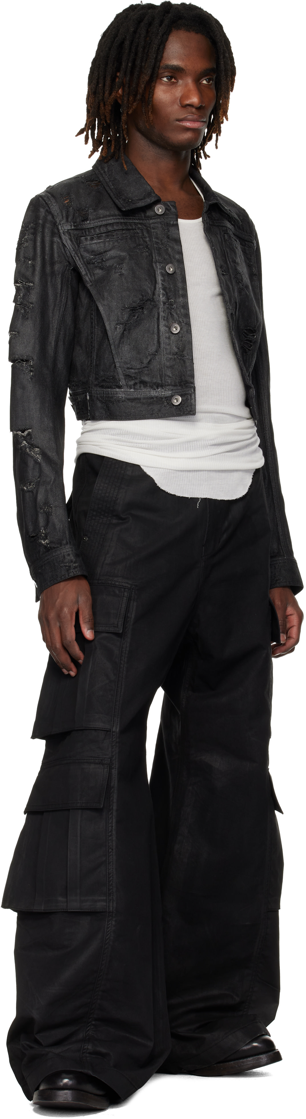 DET BLEV SENT: ブラック Waxed Cropped Bayard デニムジャケット