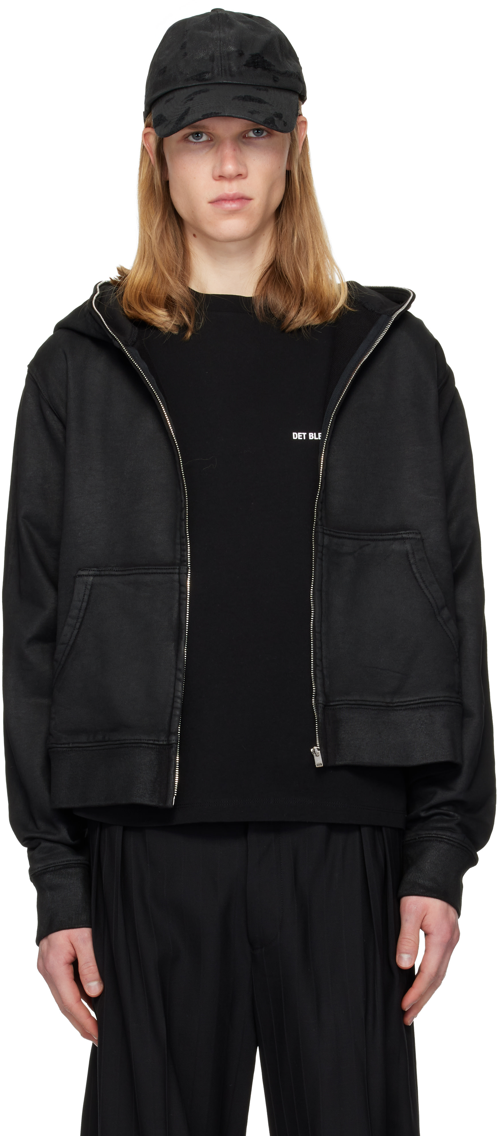 DET BLEV SENT: Black Waxed Zip Hoodie | SSENSE Canada