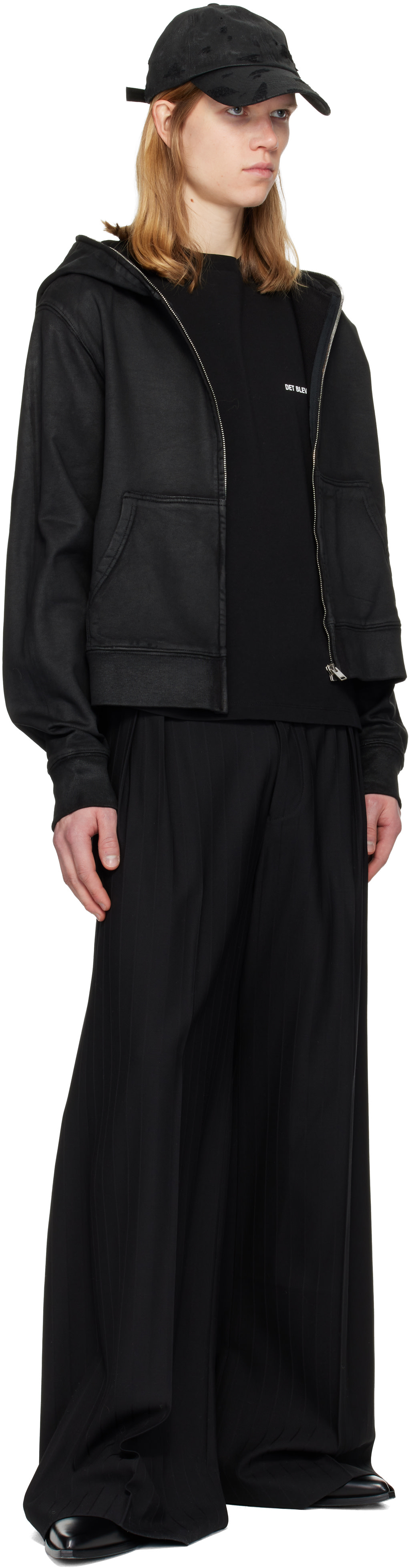 DET BLEV SENT: Black Waxed Zip Hoodie | SSENSE Canada
