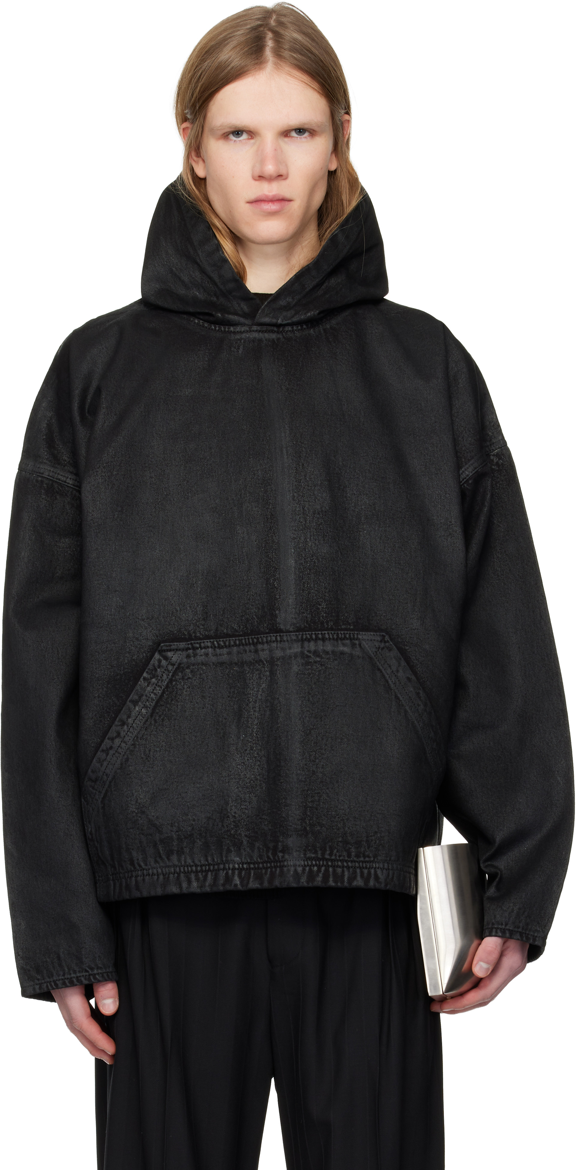 DET BLEV SENT - Pull à capuche noir en denim ciré