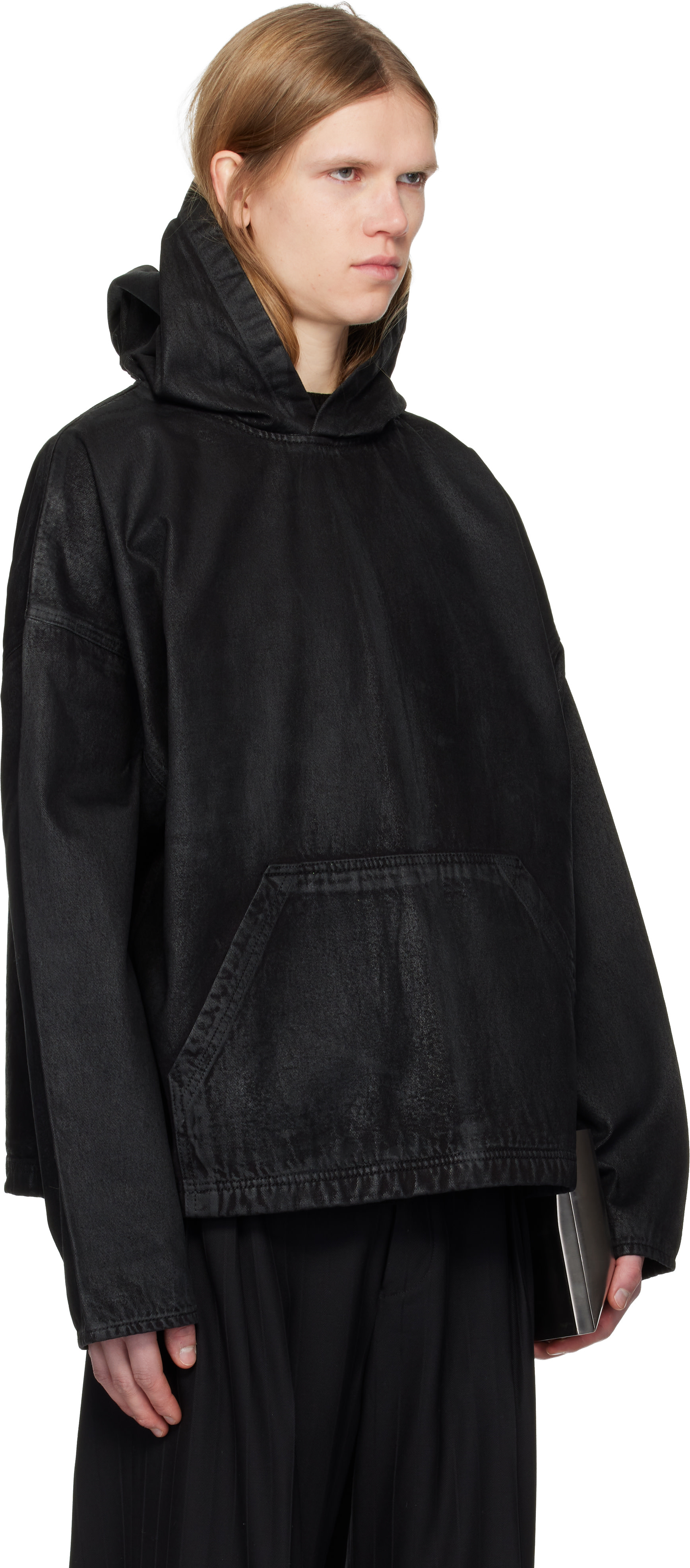 DET BLEV SENT - Pull à capuche noir en denim ciré