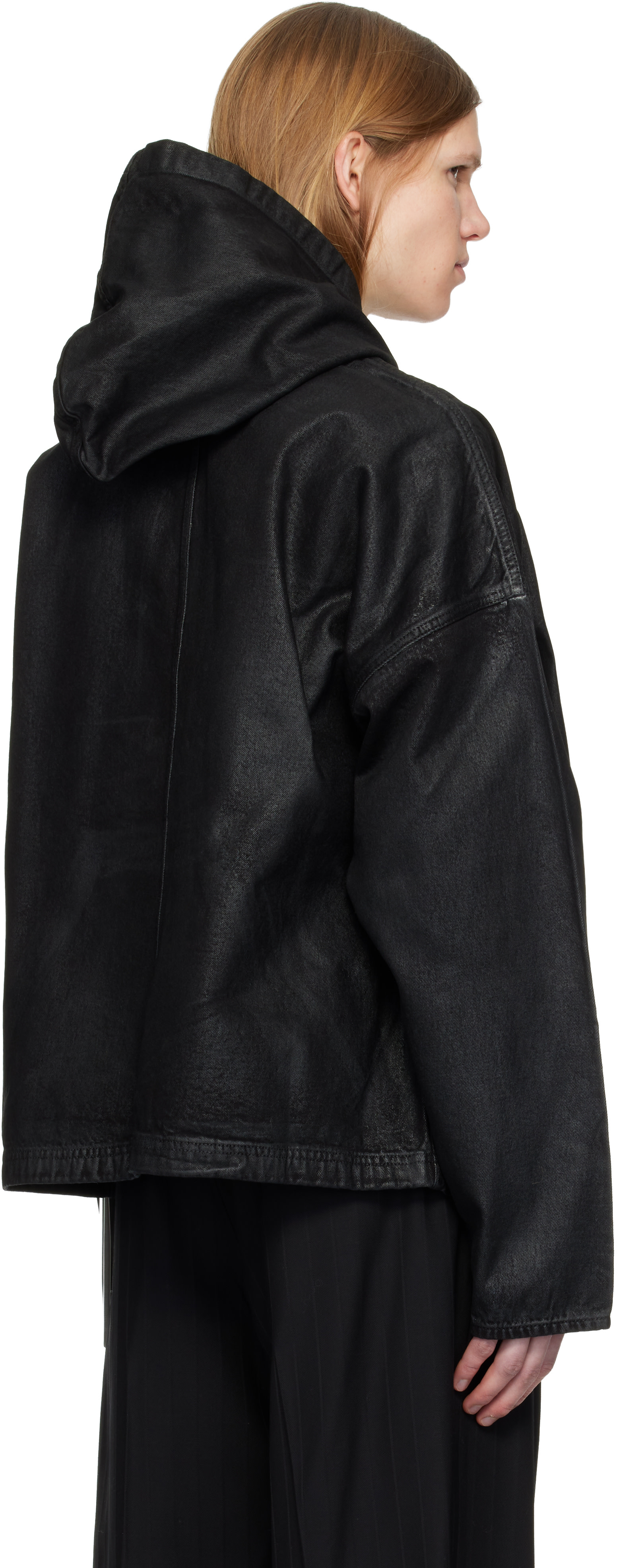 DET BLEV SENT - Pull à capuche noir en denim ciré