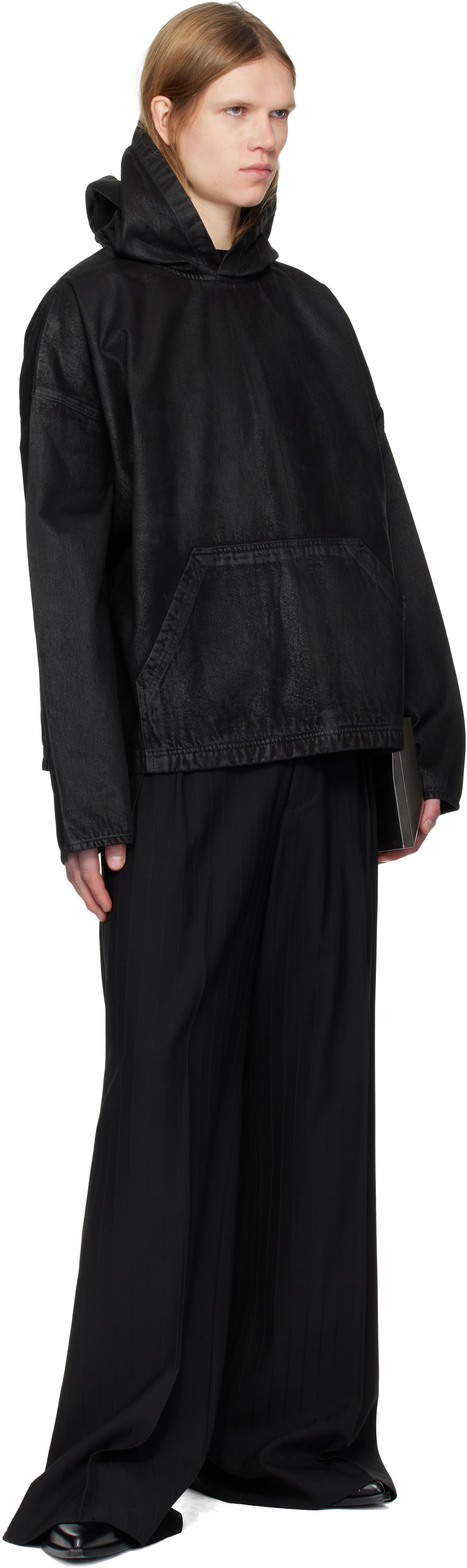 DET BLEV SENT - Pull à capuche noir en denim ciré