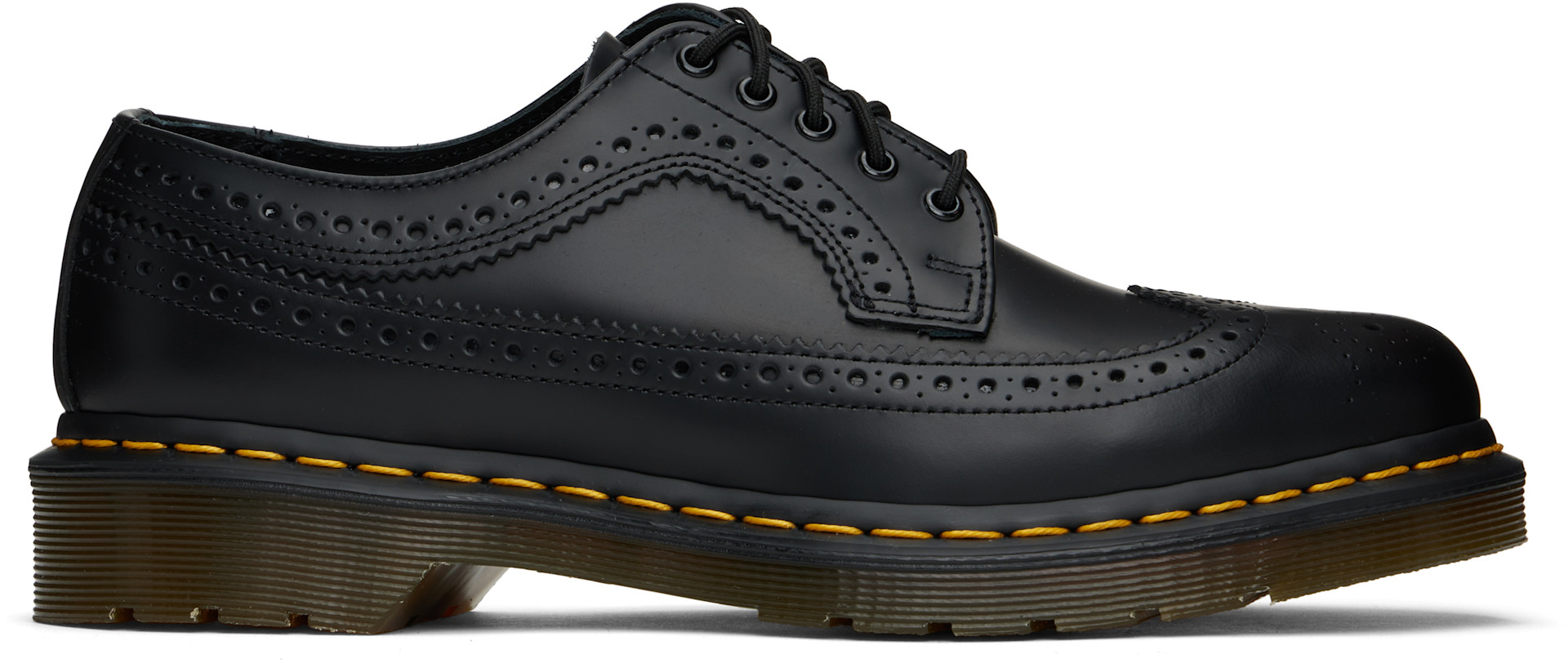 Dr. Martens: Black 3989 Yellow Stitch Smooth Brogue Derbys | SSENSE