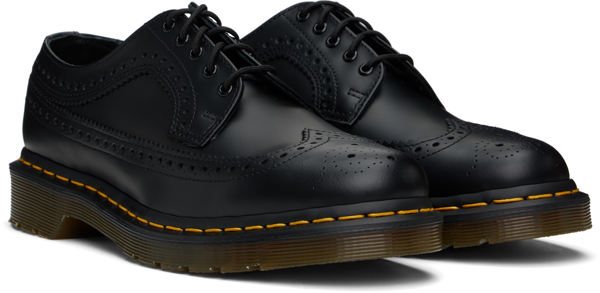 Dr. Martens: ブラック 3989 Yellow Stitch Smooth ブローグ ダービー
