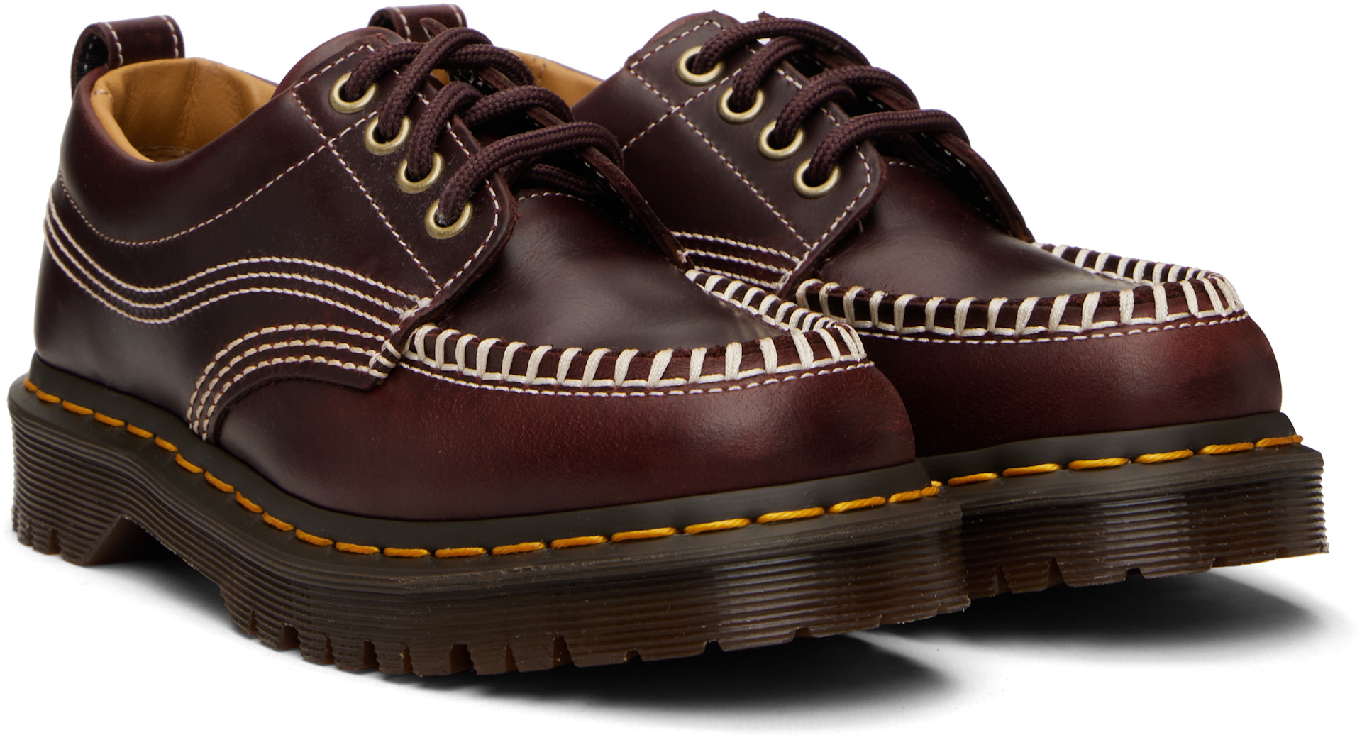 Dr. Martens: Burgundy Lowell Leather Moc Toe Derbys | SSENSE