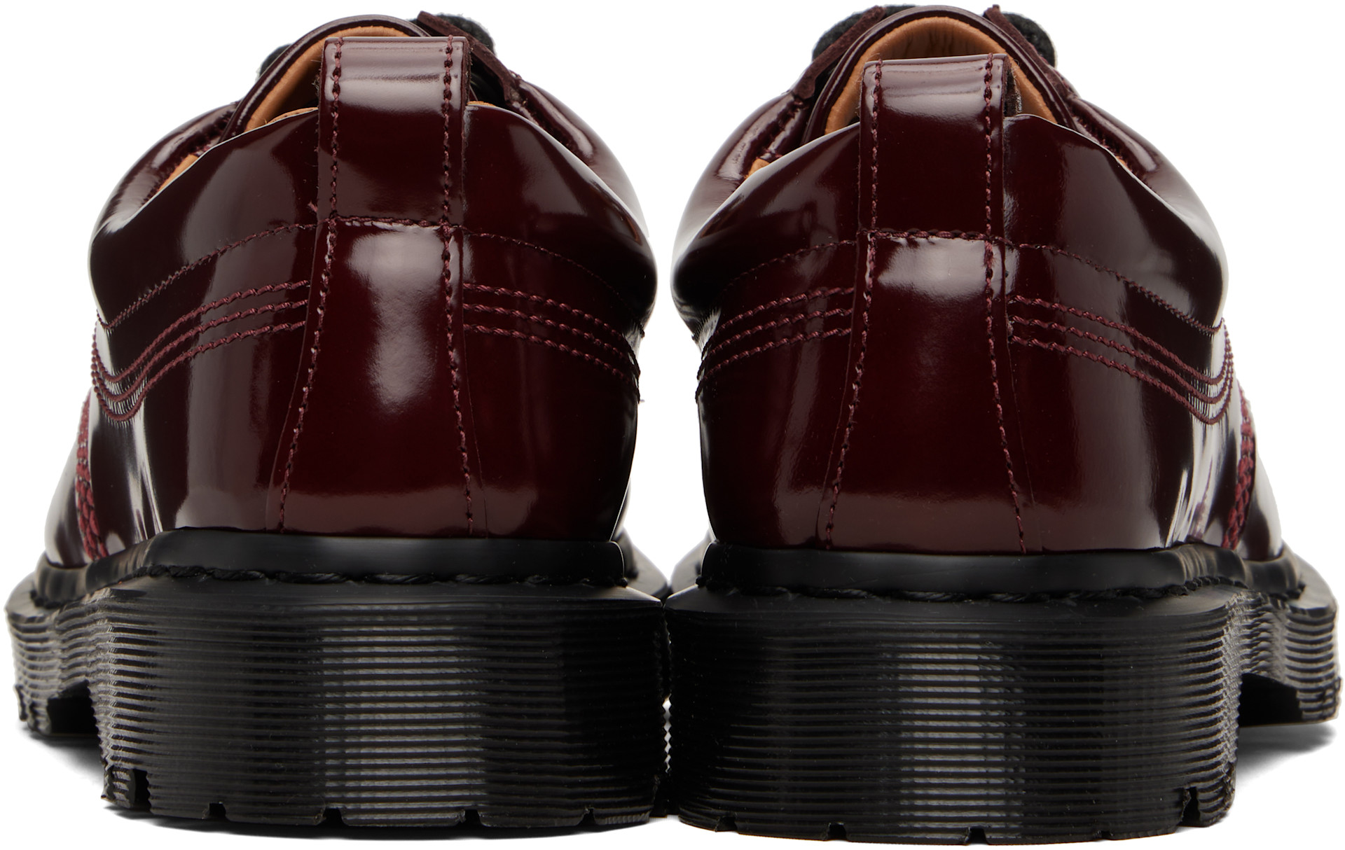 Dr. Martens: Burgundy Lowell Lacquered Leather Moc Toe Derbys | SSENSE