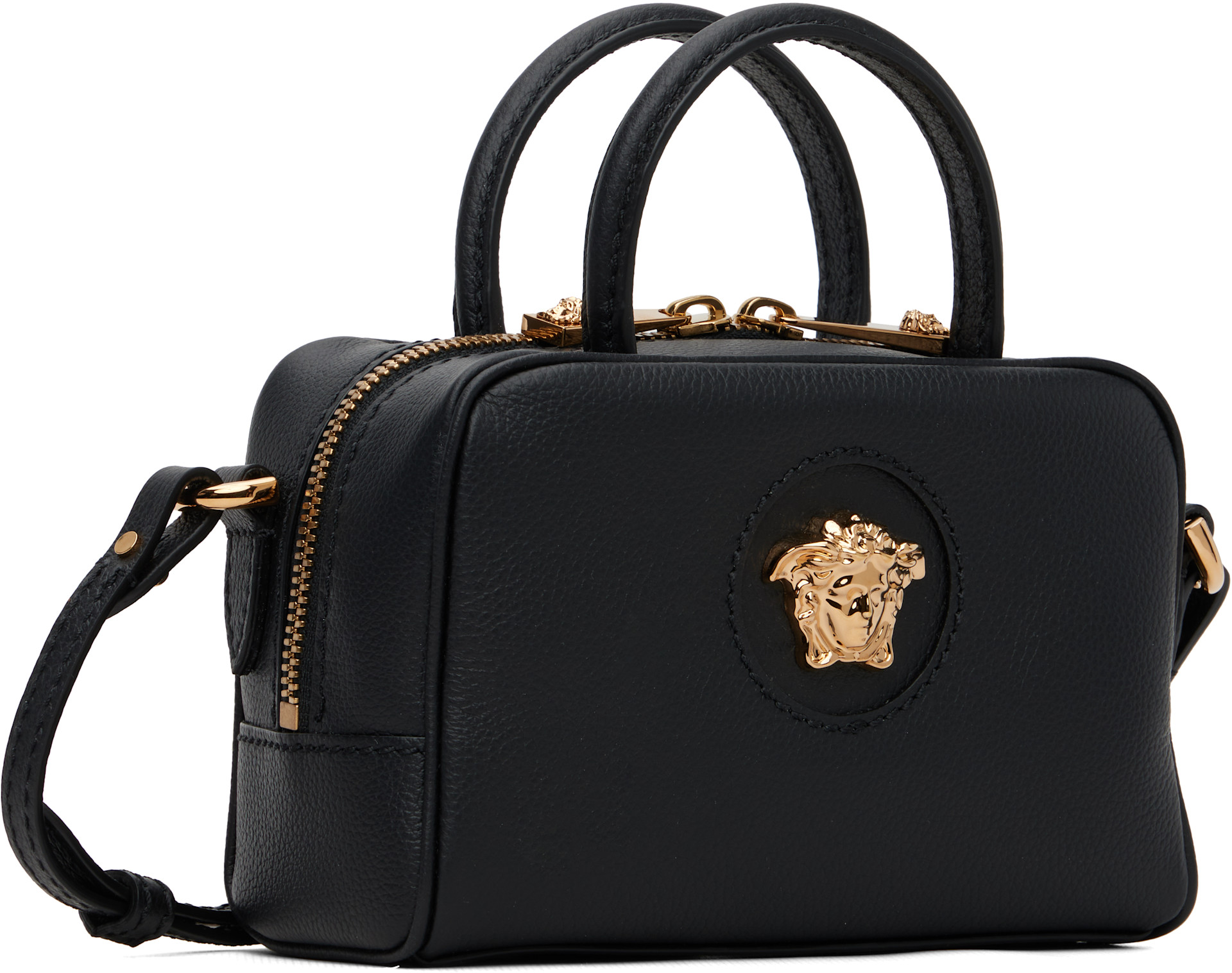 Versace: ブラック ミニ 'La Medusa' Leather ボストンバッグ | SSENSE