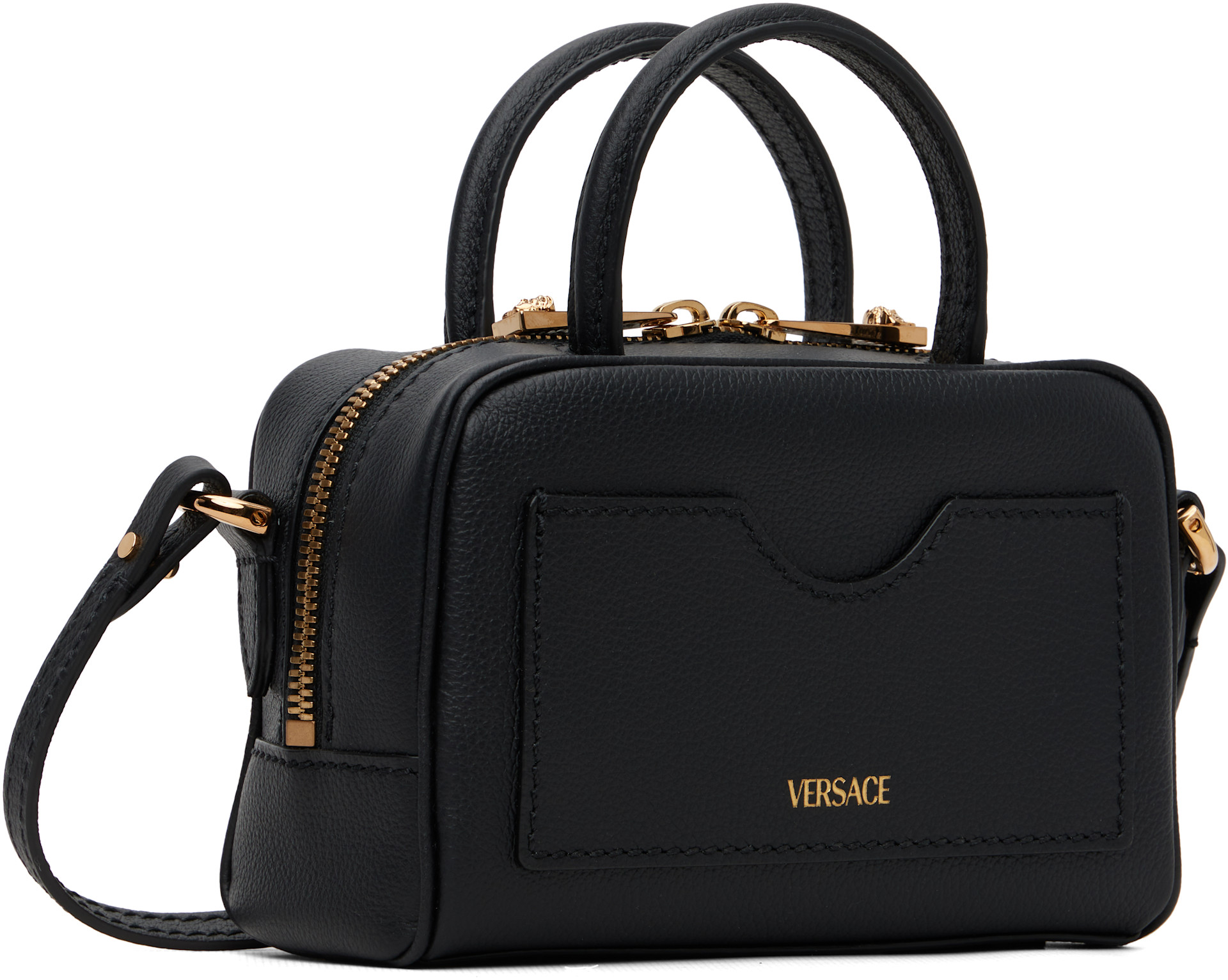 Versace: ブラック ミニ 'La Medusa' Leather ボストンバッグ | SSENSE