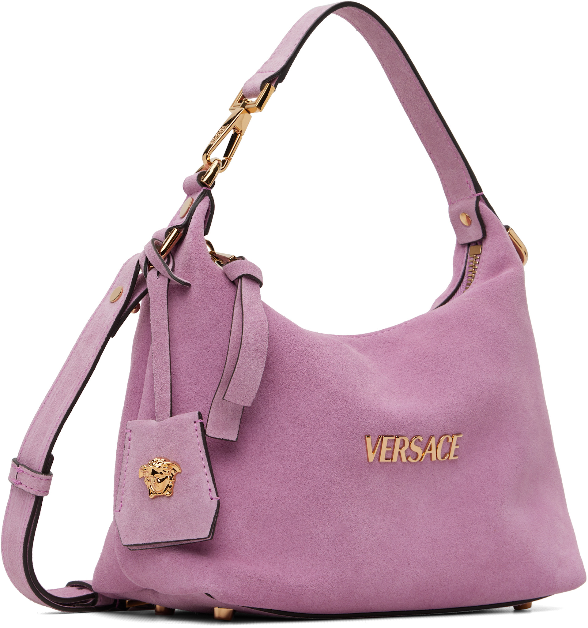 Versace: Pink Versace Tag Suede Bag | SSENSE